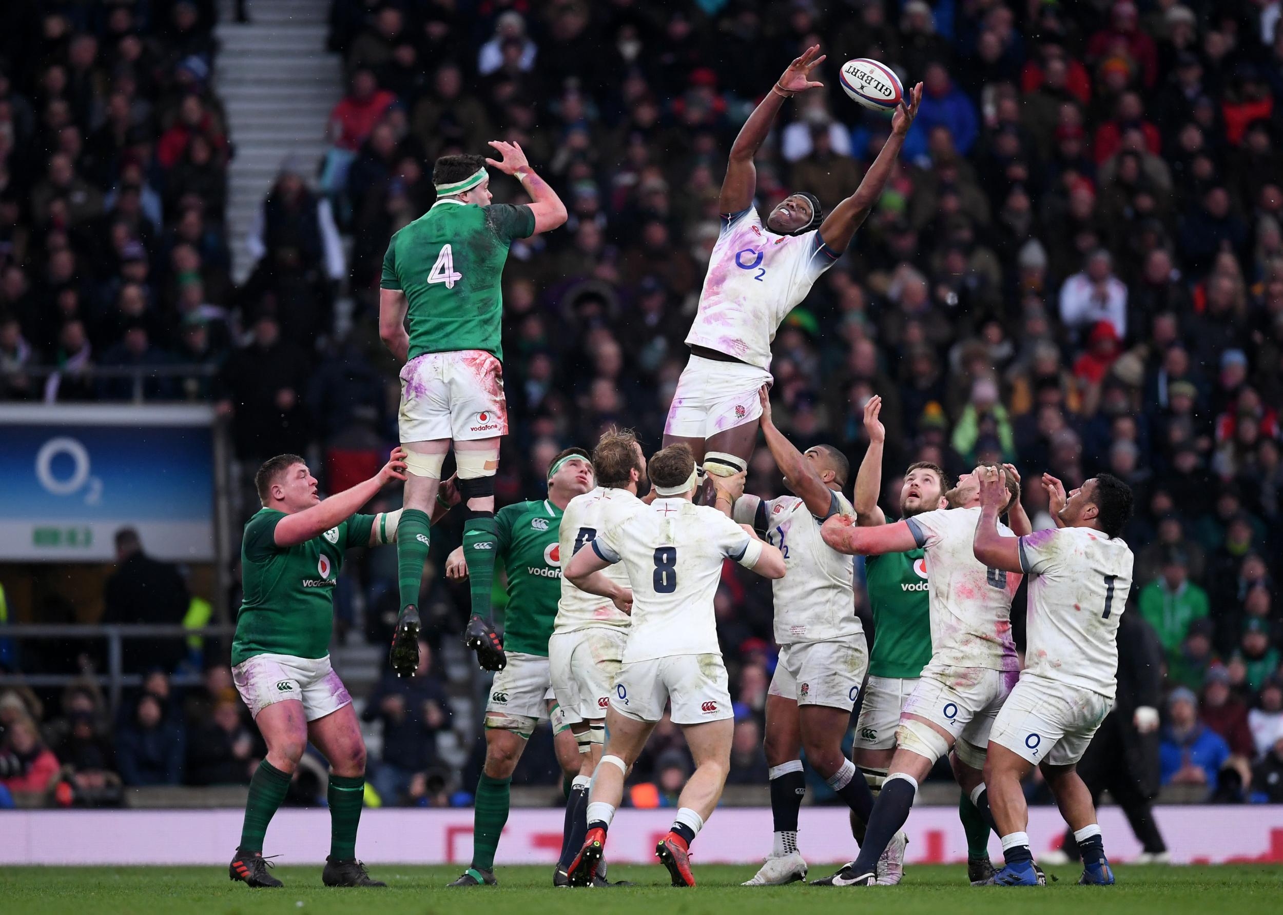 Maro Itoje competes for the ball at an England line-out