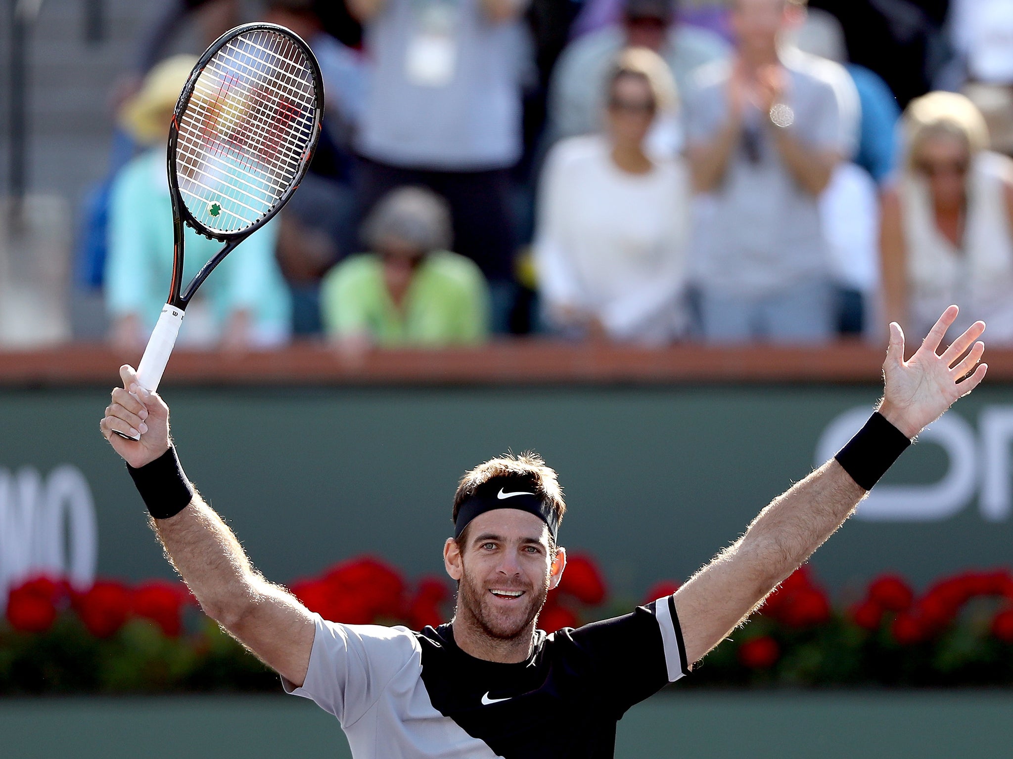 Juan Martin del Potro celebrates his Indian Wells final victory over Roger Federer