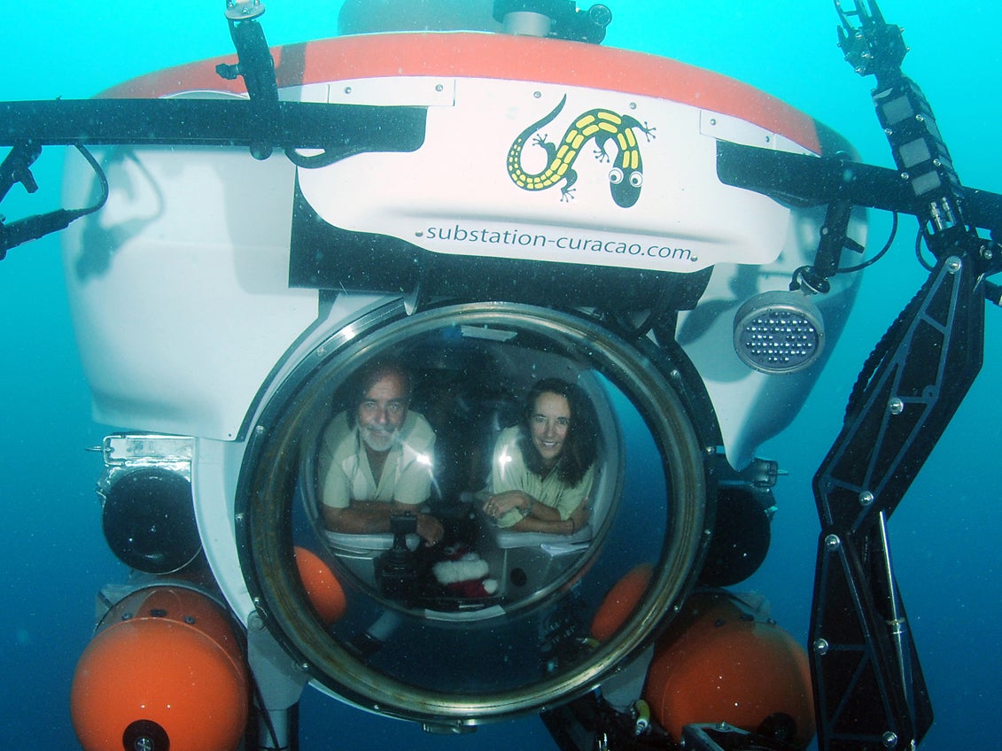 Carole Baldwin, marine biolgist at the Smithsonian's National Museum of Natural History with Substation Curaçao owner Adriaan 'Dutch' Schrier in Curasub submersible