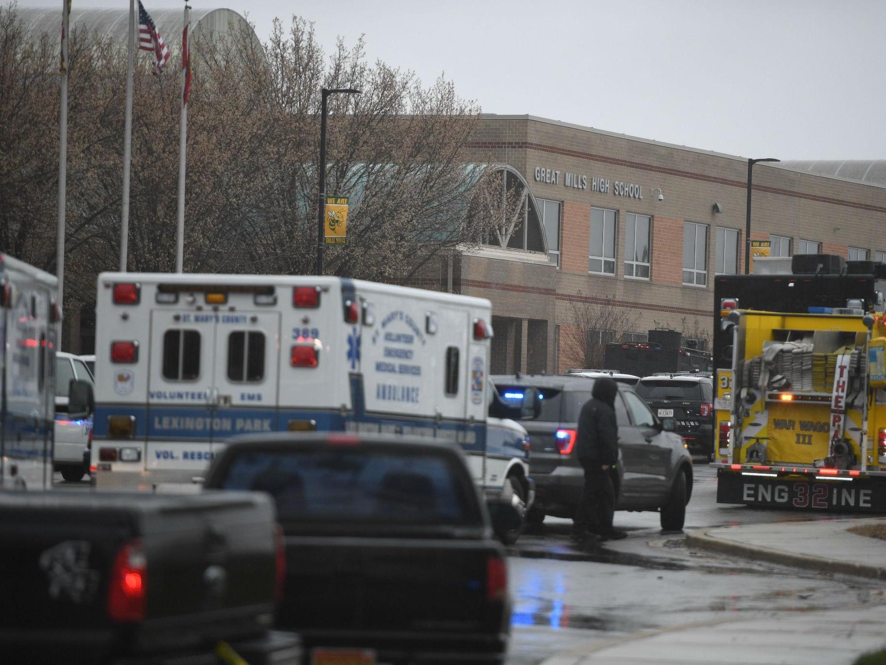 Emergency responders on the scene of the shooting at Great Mills High School in Great Mills, Maryland on 20 March 2018