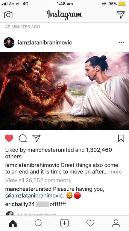 Bailly posted the first comment after Ibrahimovic announced his departure