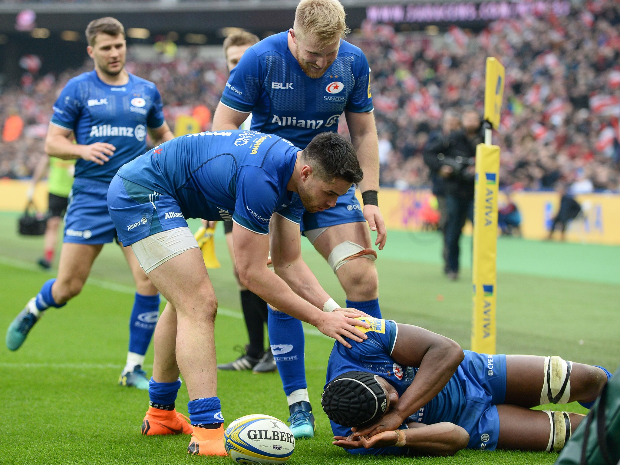 Maro itoje celebrated his try by pretending to fall asleep during Saracens's 24-11 victory over Harlequins