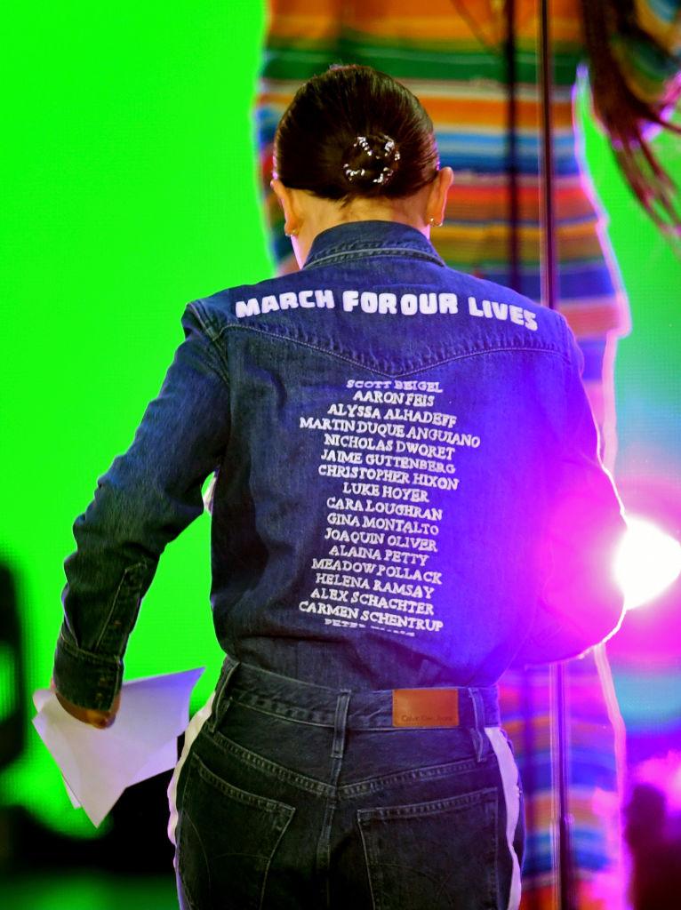 The Stranger Things actress wore a jacket that featured the names of the 17 victims of the Parkland shooting