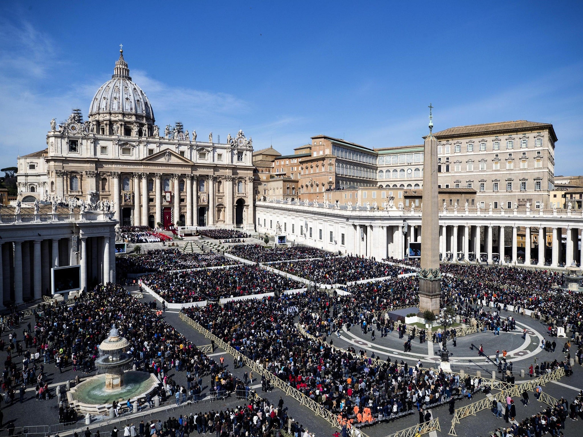 A view of St Peter’s Square as Pope Francis celebrates Palm Sunday Mass at the Vatican, urging young people not to be silent and let their voices be heard (AP/Angelo Carconi)