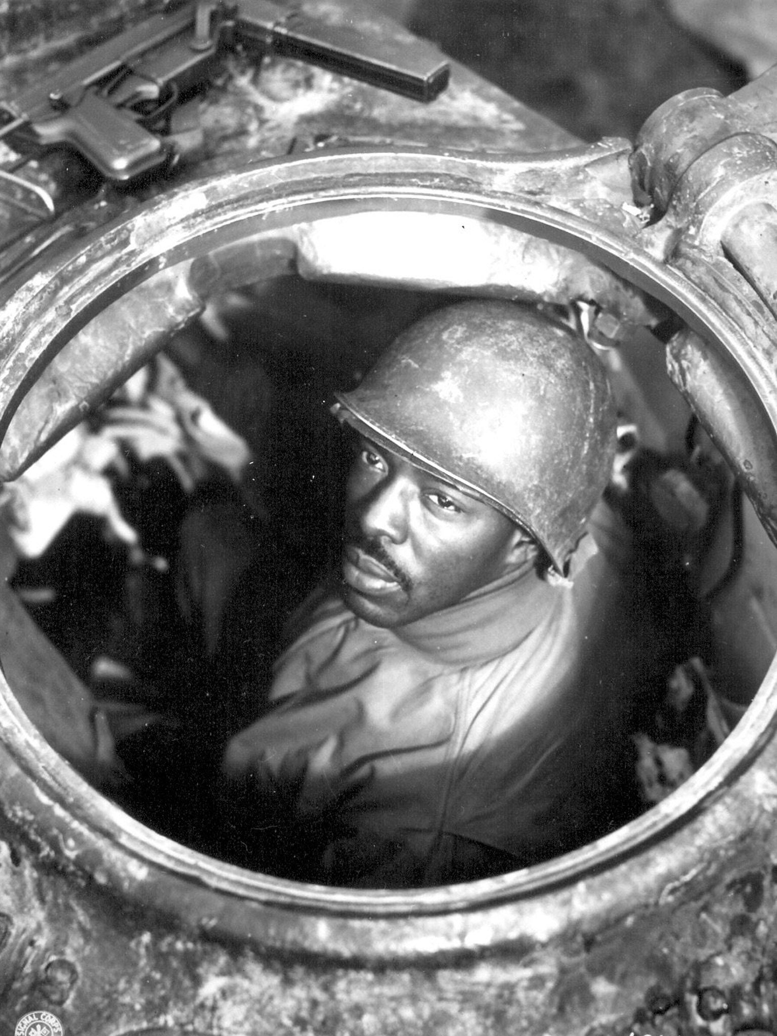 Corporal Carlton Chapman in his Sherman tank, days before the Black Panthers faced combat for the first time