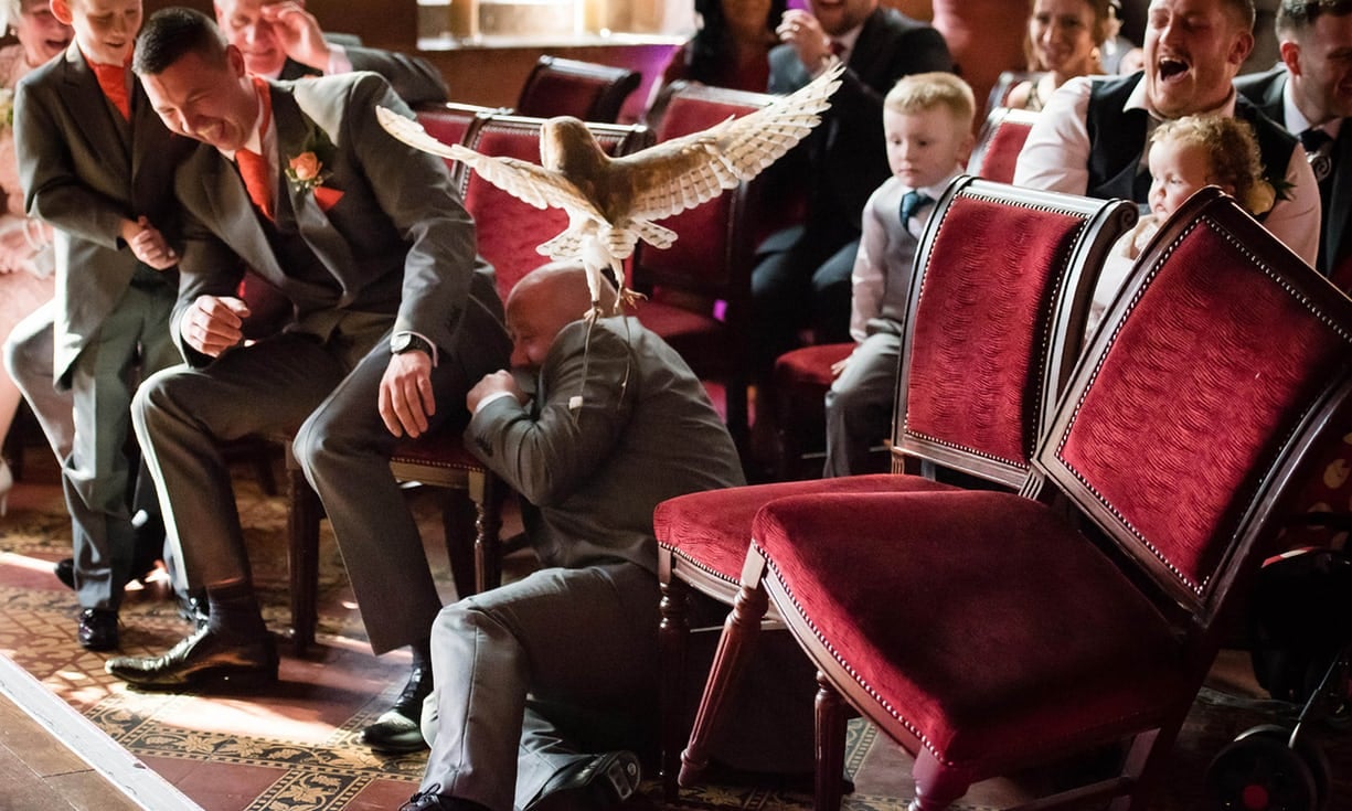 The man tumbles from his chair as the audience roars with laughter