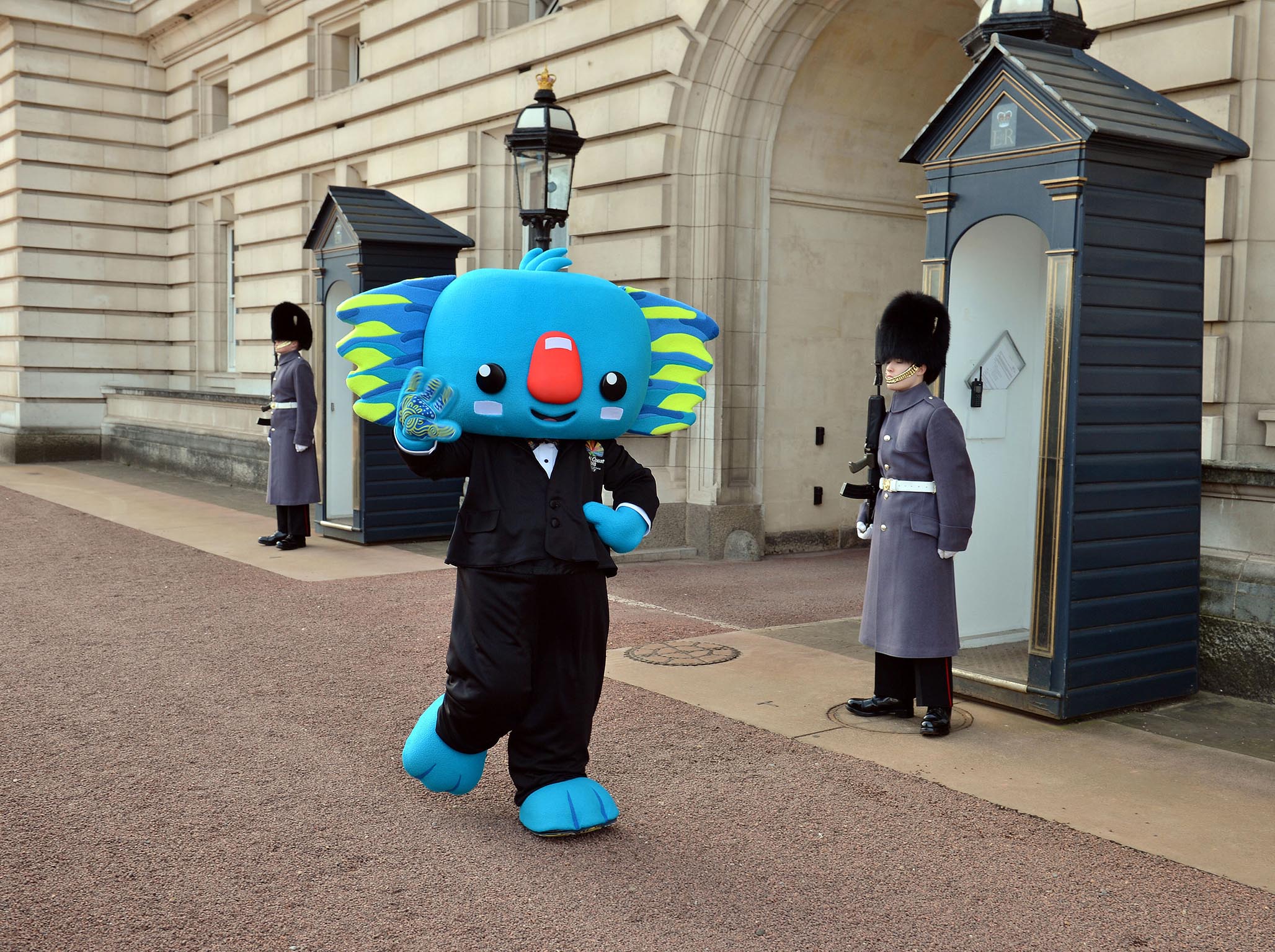 The Commonwealth Games mascot, Borobi, visiting Buckingham Palace