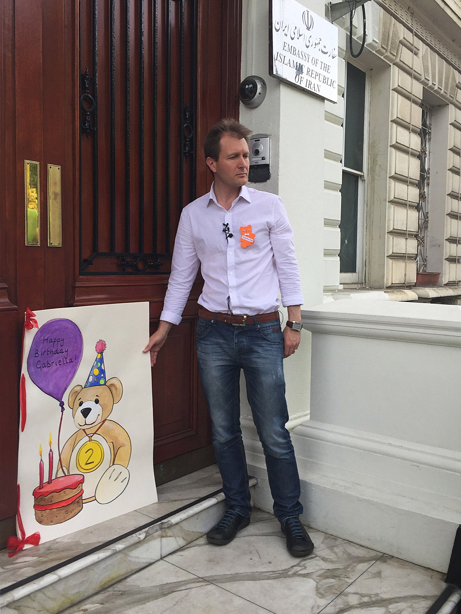 Richard Ratcliffe's daughter Gabriella had her British passport confiscated and was stranded in Iran with her grandparents after her mother Nazanin was jailed. He left left a giant birthday card on the doorstep of the Iranian embassy in central London to mark her second birthday in June 2016.