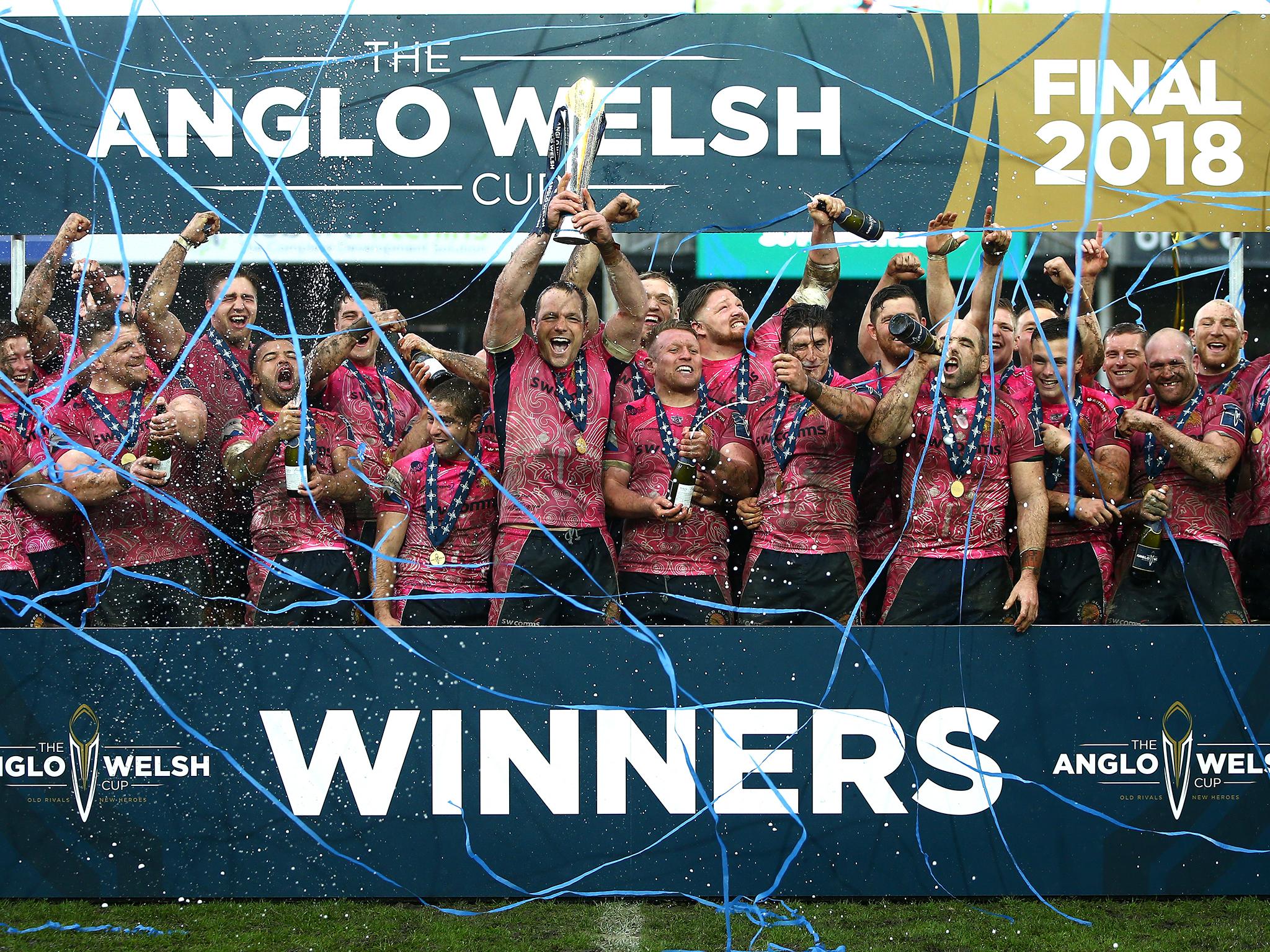 Kai Horstmann lifts the Anglo-Welsh Cup after Exeter Chiefs beat Bath 28-11