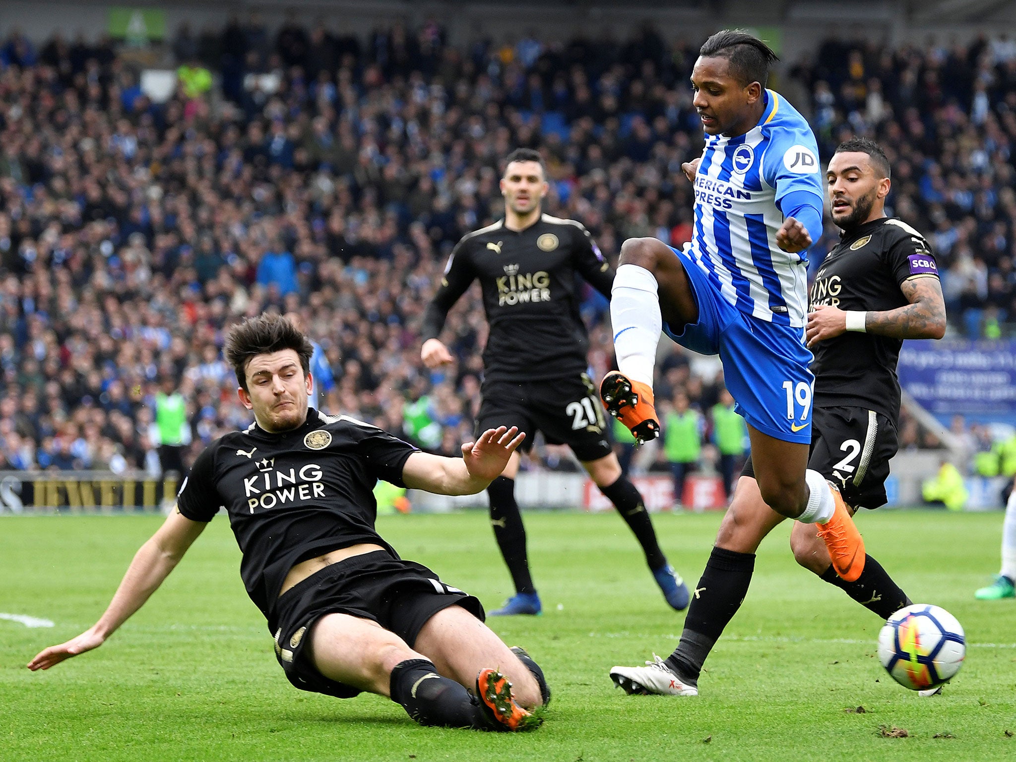 Harry Maguire puts in a challenge on Jose Izquierdo