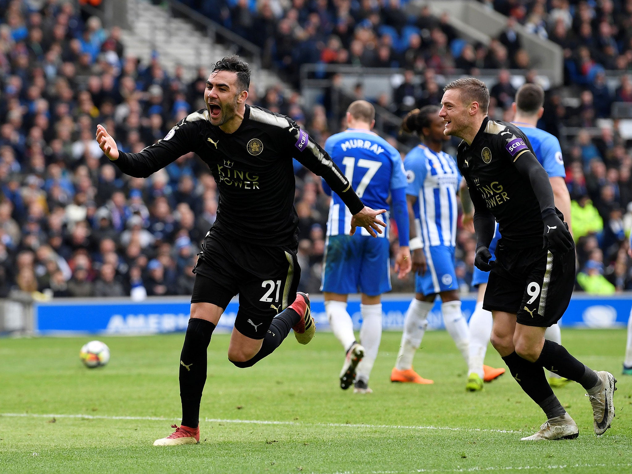 Vicente Iborra celebrates breaking the deadlock late on for Leicester