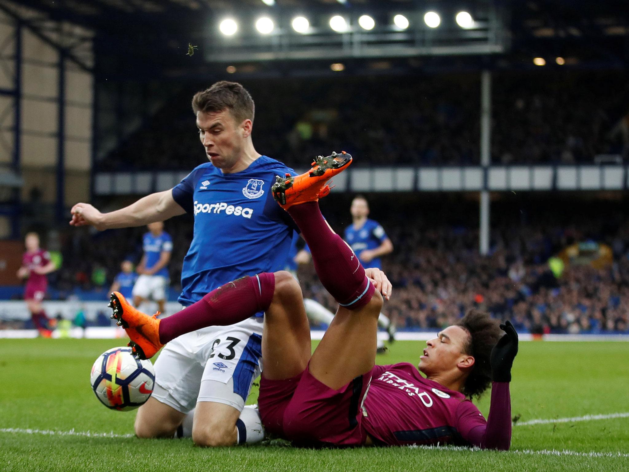 Seamus Coleman and Leroy Sane tussle for the ball (Getty)