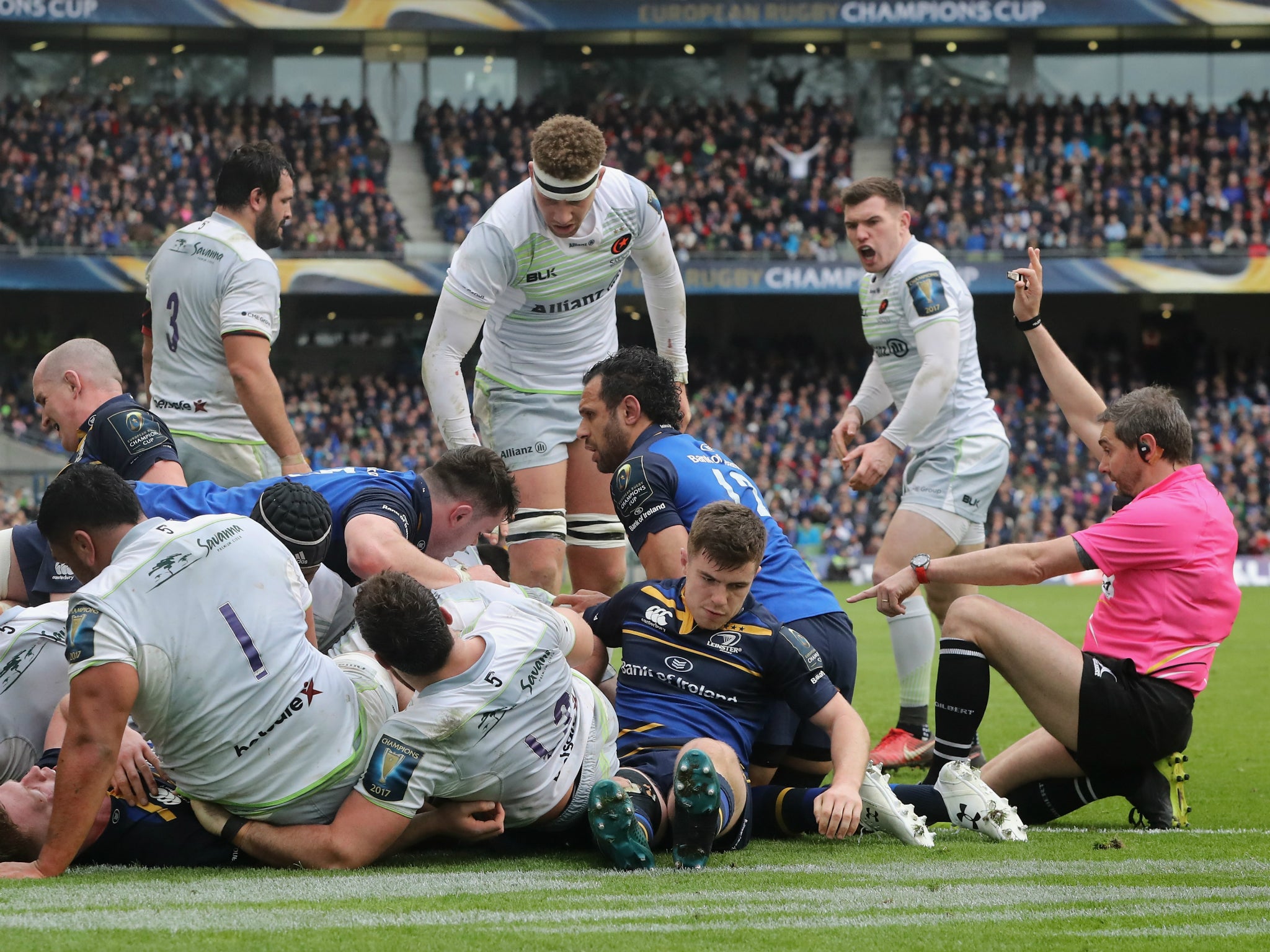 Blair Cowan scores a consolation try for Saracens