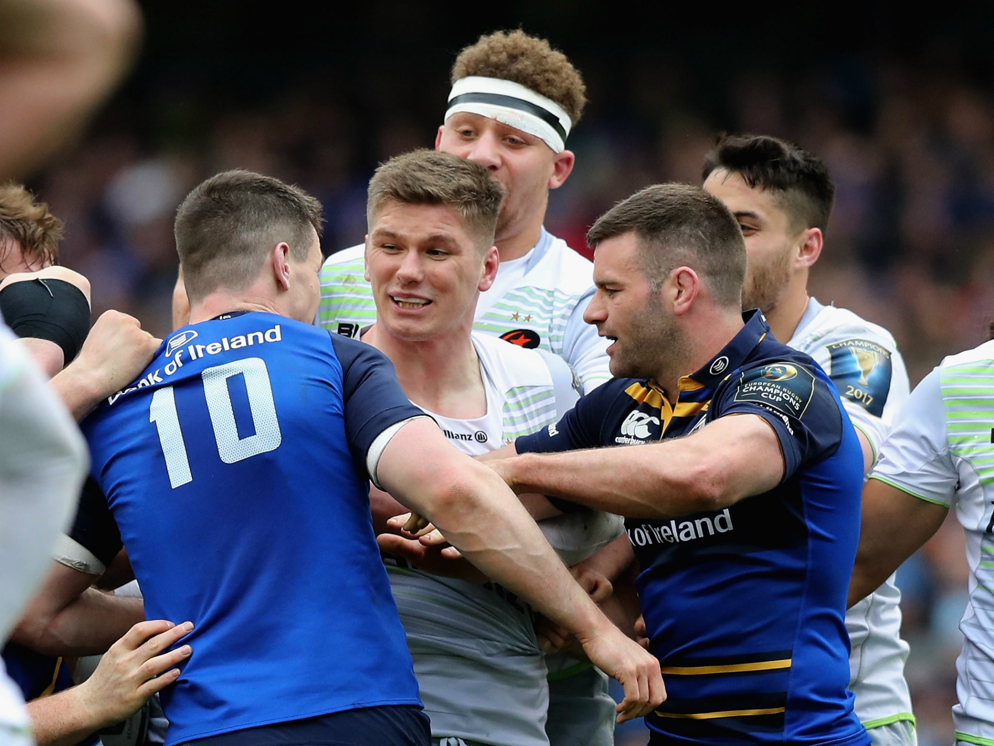 Owen Farrell clashes with Johnny Sexton