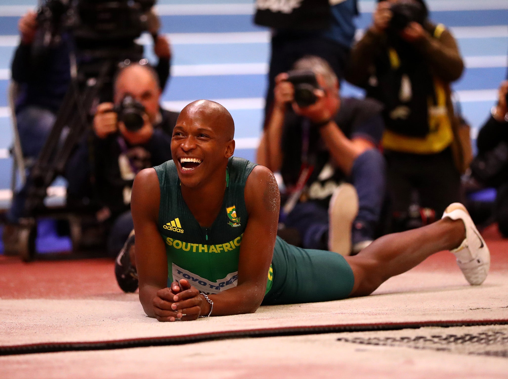 Manyonga at the 2018 world indoor championships in Birmingham