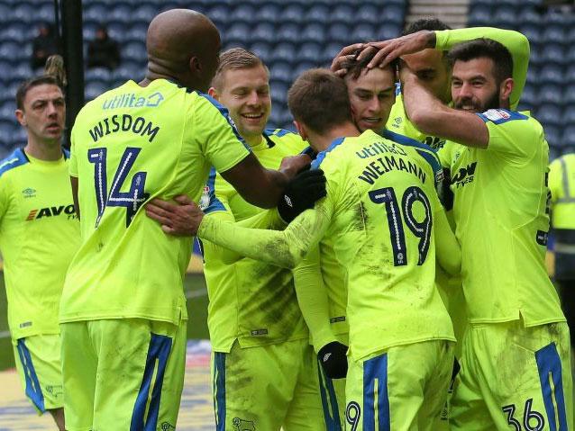 Derby celebrate Tom Lawrence’s decisive strike