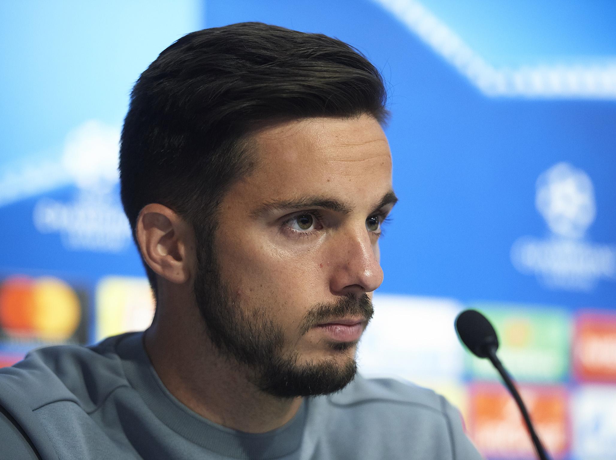 Sevilla midfielder Pablo Sarabia speaks to the media