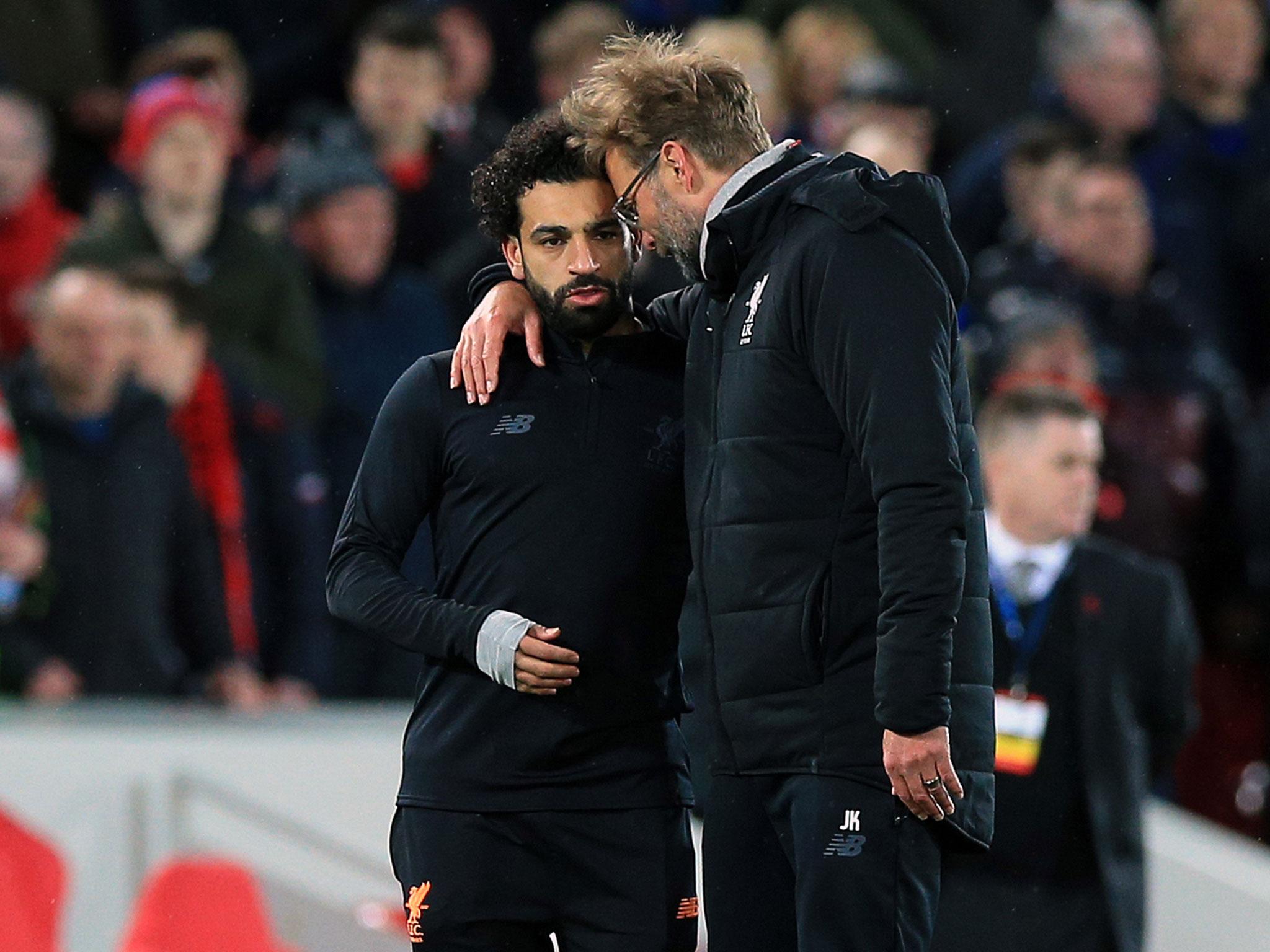 Salah went off injured against Manchester City and could miss the Merseyside derby