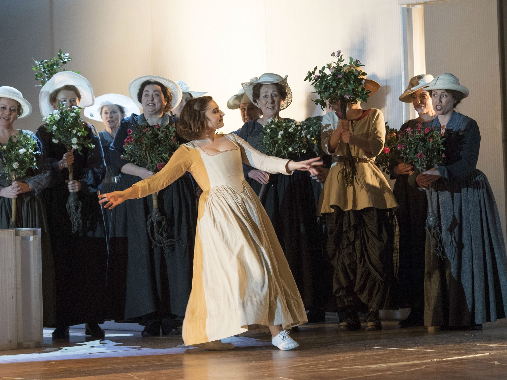 Alison Rose (Barbarina) and the female members of the ENO chorus in ‘The Marriage of Figaro’