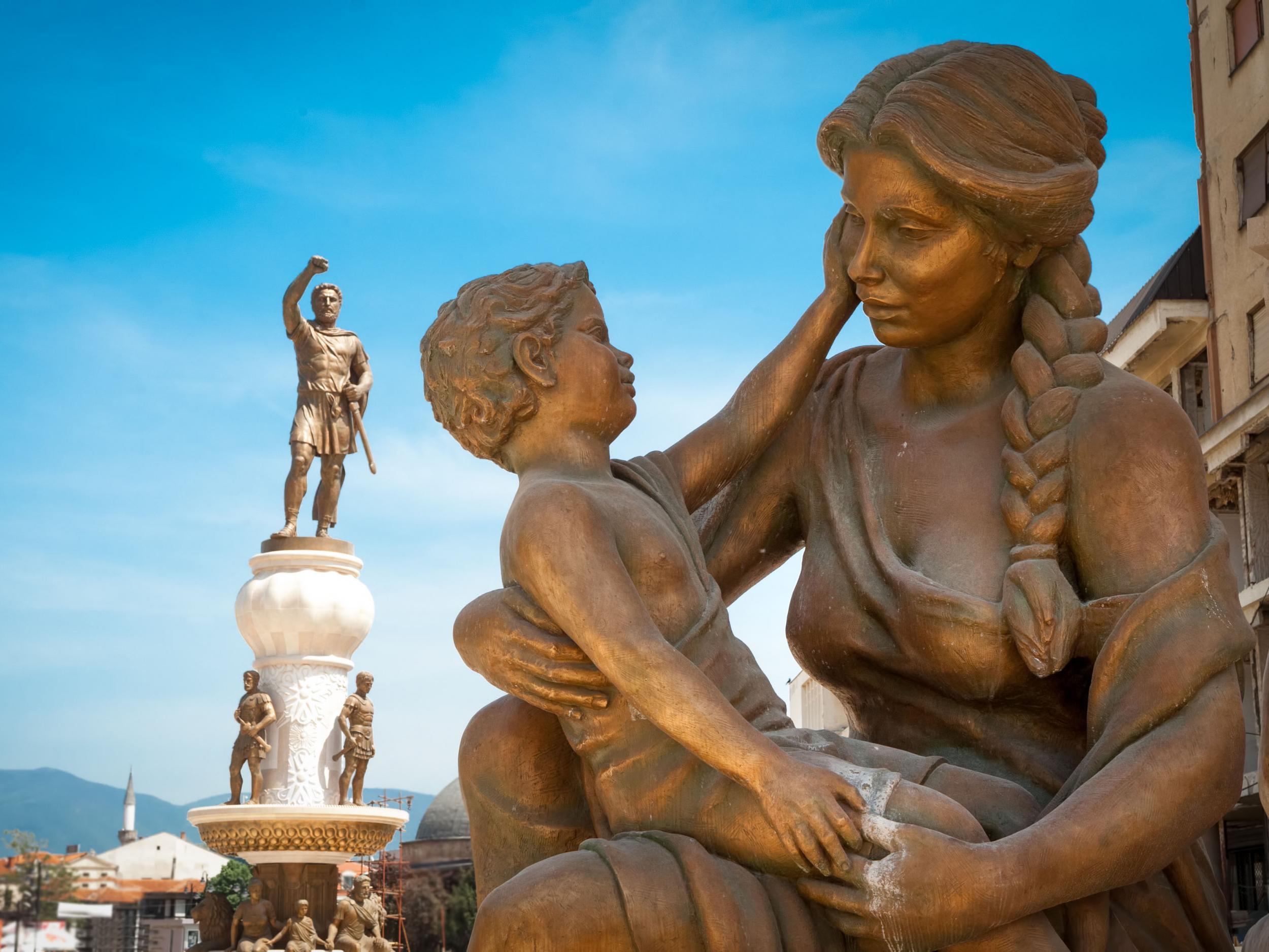 This statue in Skopje, Macedonia, of a man with his fist raised could be Philip II, father of Alexander the Great. Or not