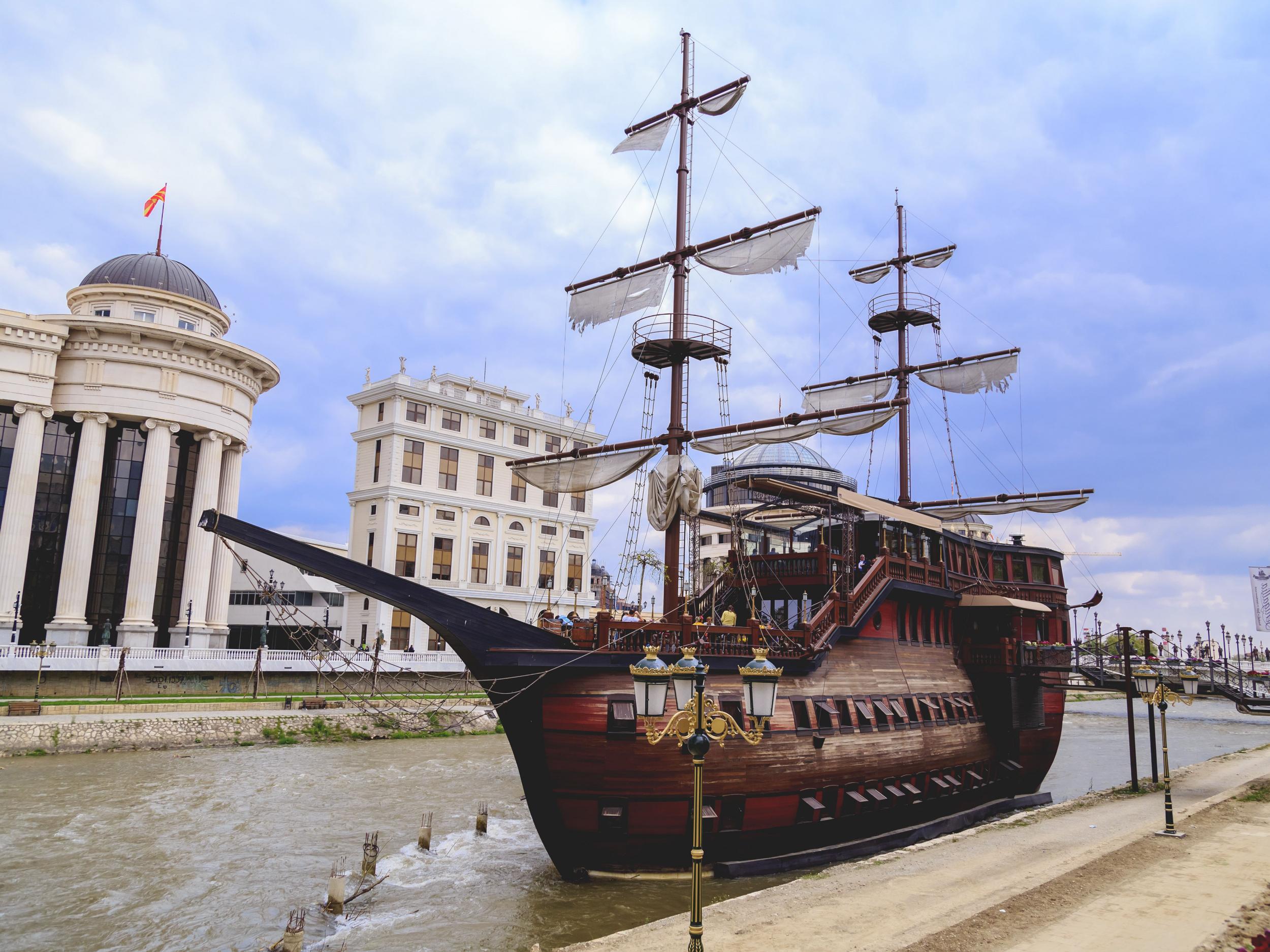 Skopje’s pirate ship next to the Vardar river