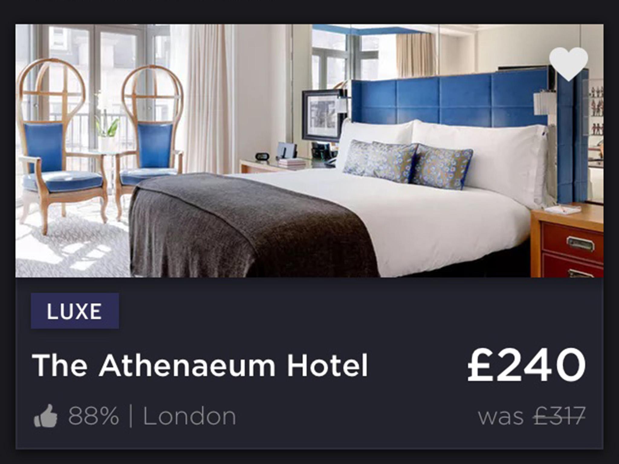 The app knocks off almost a third of the price of a room at The Athenaeum Hotel in London