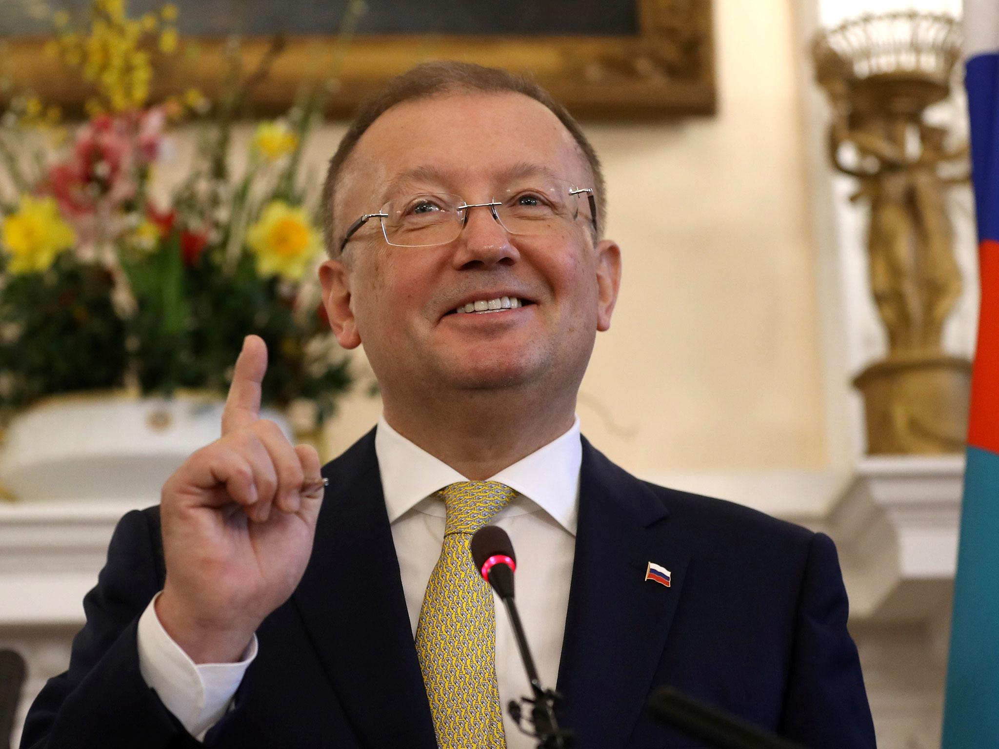 Russian ambassador Alexander Yakovenko addresses the media at a news conference in central London