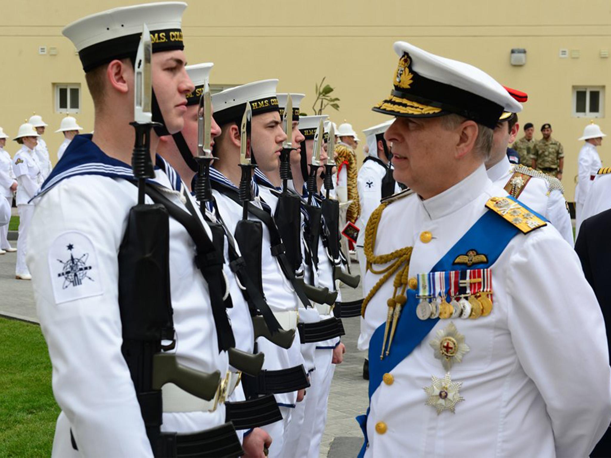 Prince Andrew Duke of York meets UK personnel at the opening of the United Kingdom Naval Support Facility in Bahrain