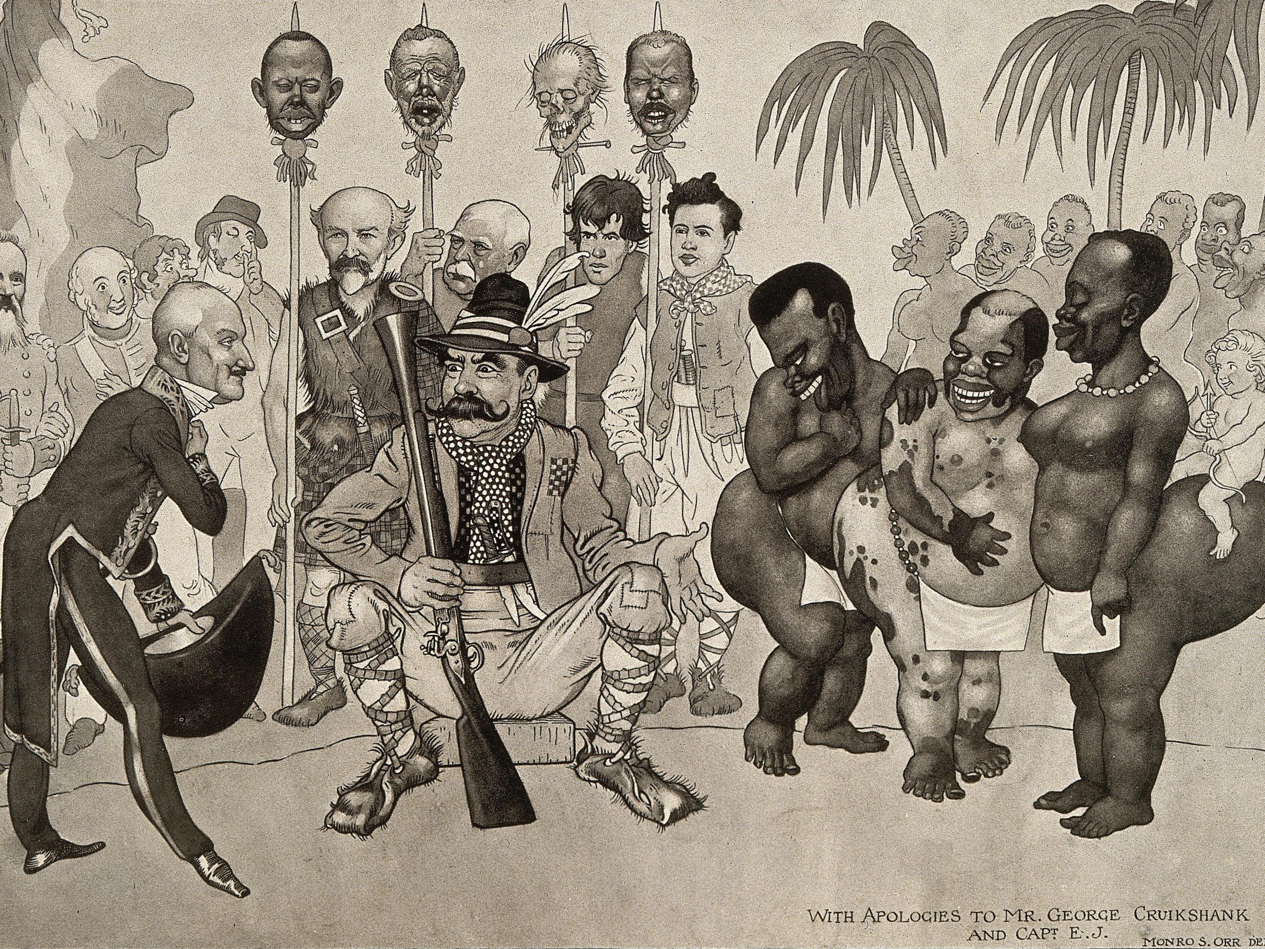 A racist caricature of European scientists visiting Africa. The severed head on the right is that of Ronald Ross