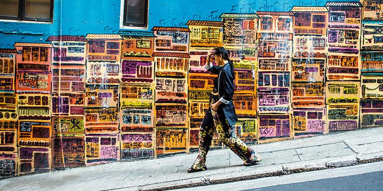 This mural of old townhouses is a popular picture spot for visitors