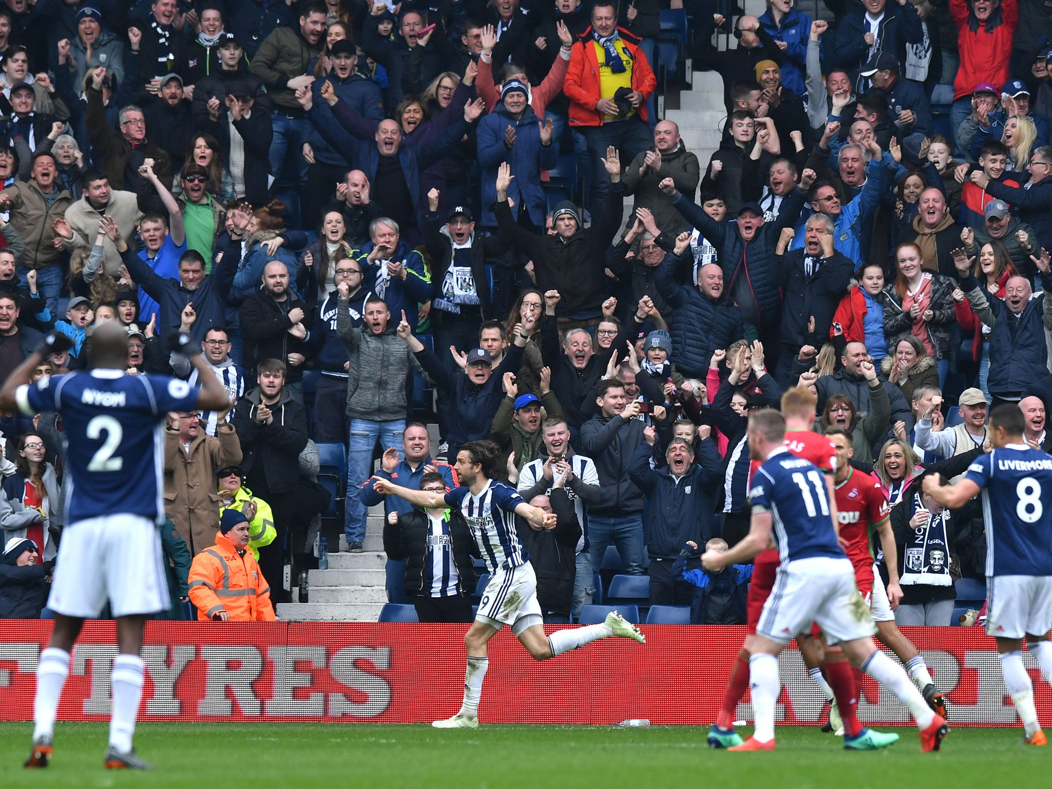 Jay Rodriguez celebrates scoring West Brom's second goal against Swansea