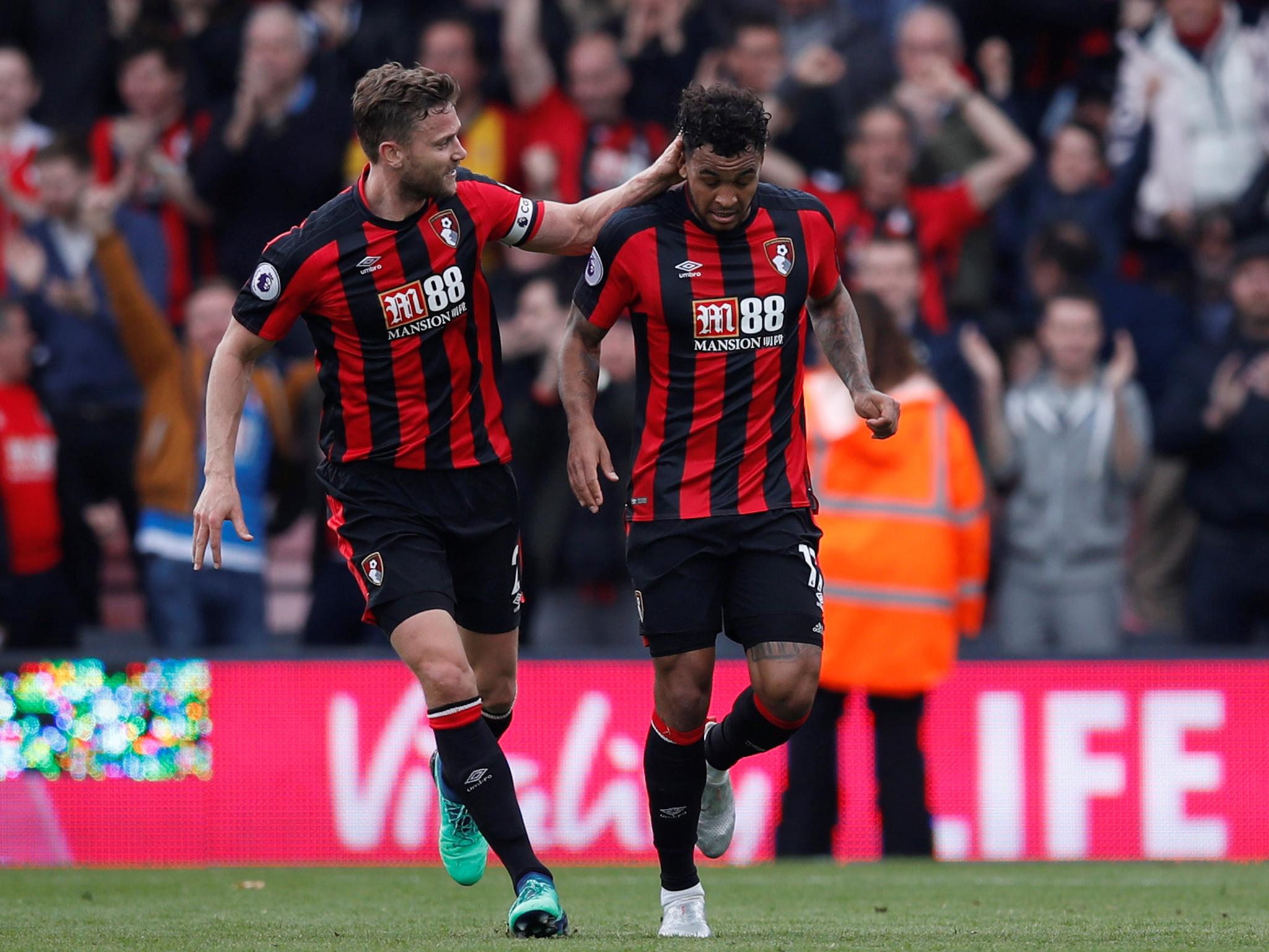 Joshua King is congratulated by Bournemouth captain Simon Francis in the 2-2 draw with Crystal Palace