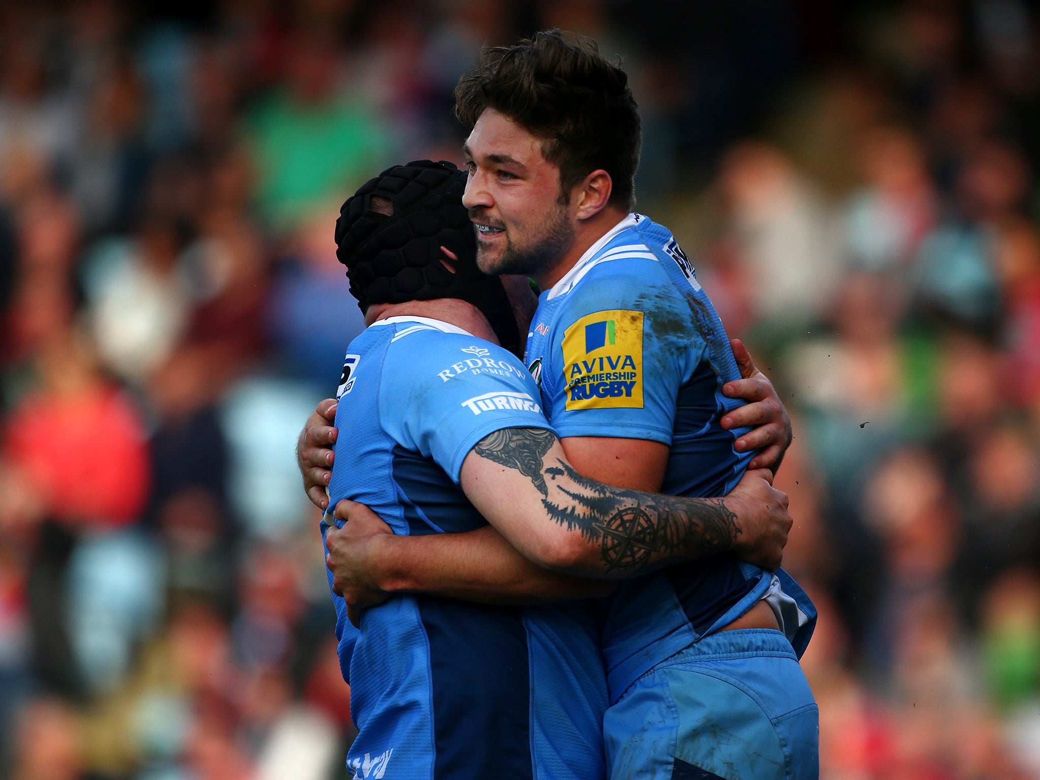 Tom Fowlie celebrates after scoring one of London Irish's four tries