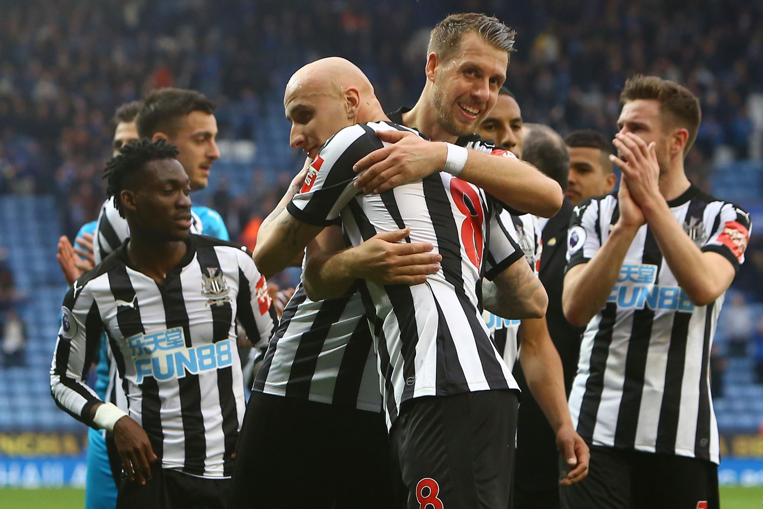 Jonjo Shelvey celebrates victory over Leicester