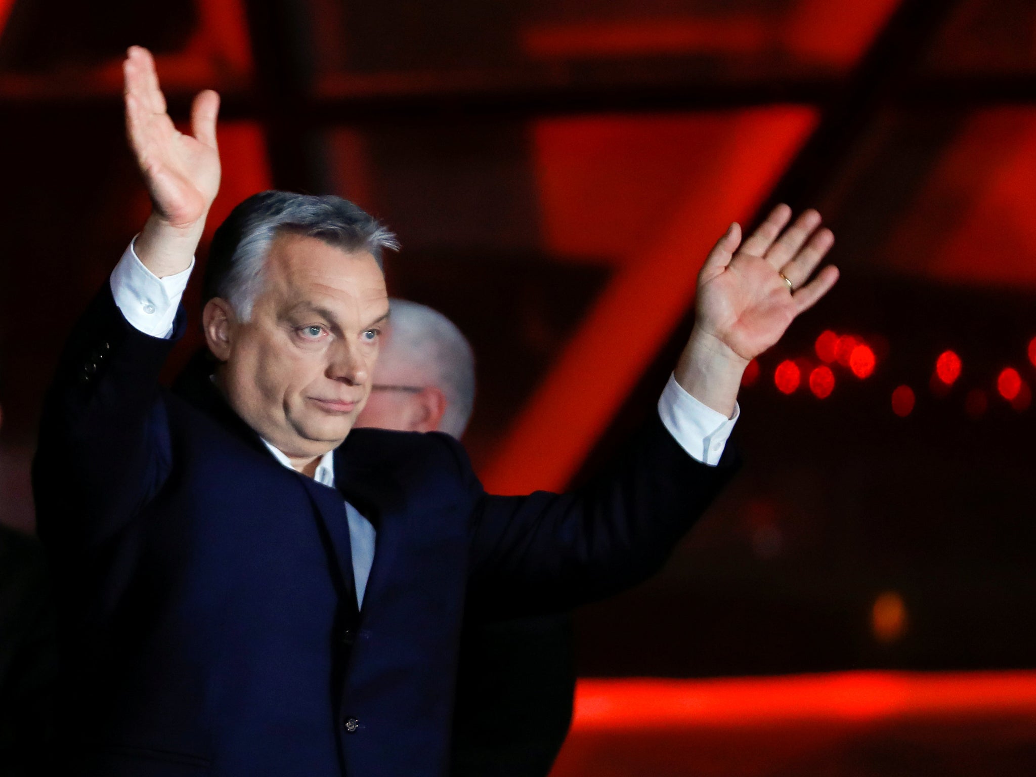 Hungarian prime minister Viktor Orban addresses supporters after declaring victory in the country's parliamentary elections