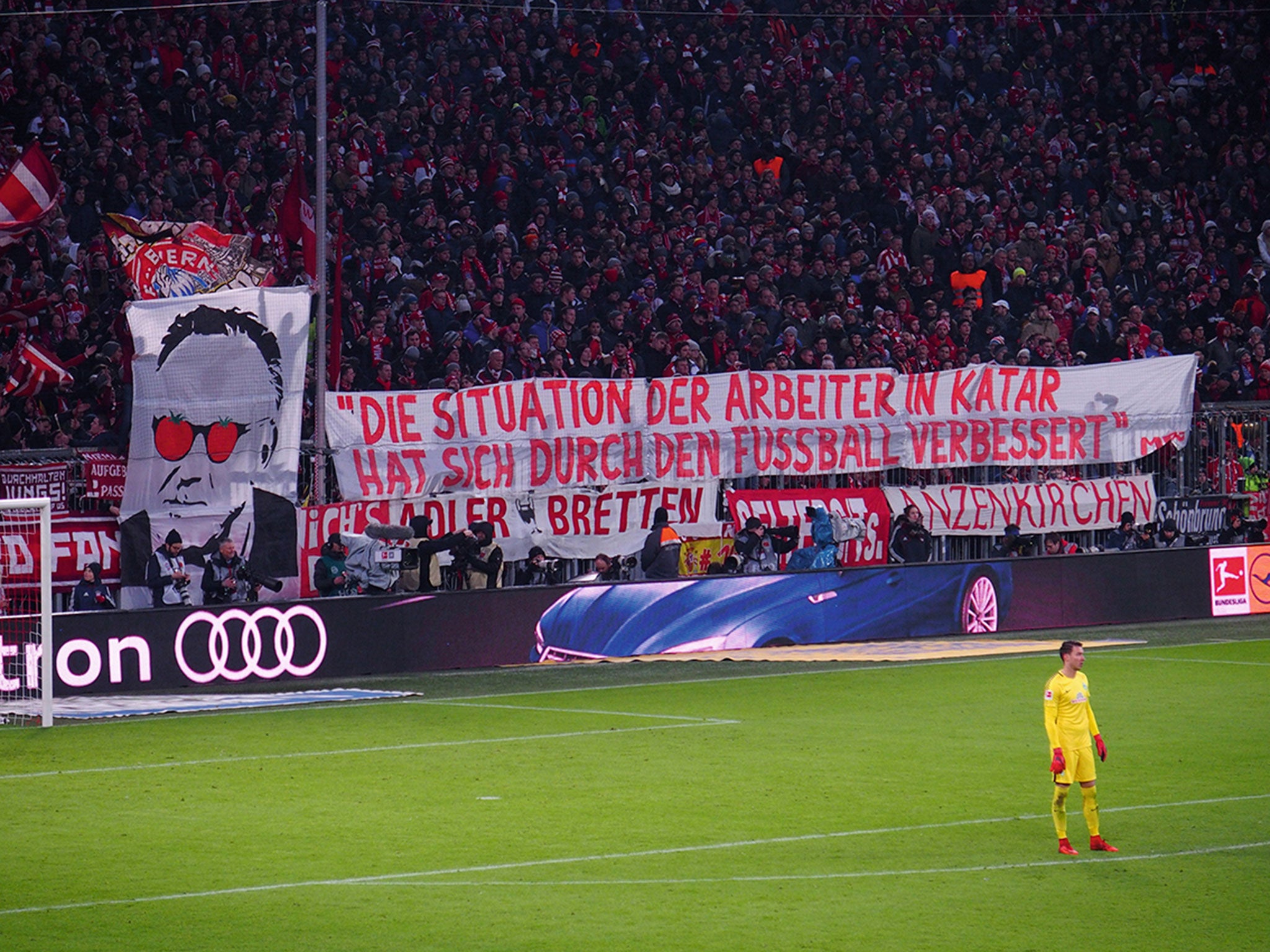 Bayern Munich fans protest their club's partnership with Qatar