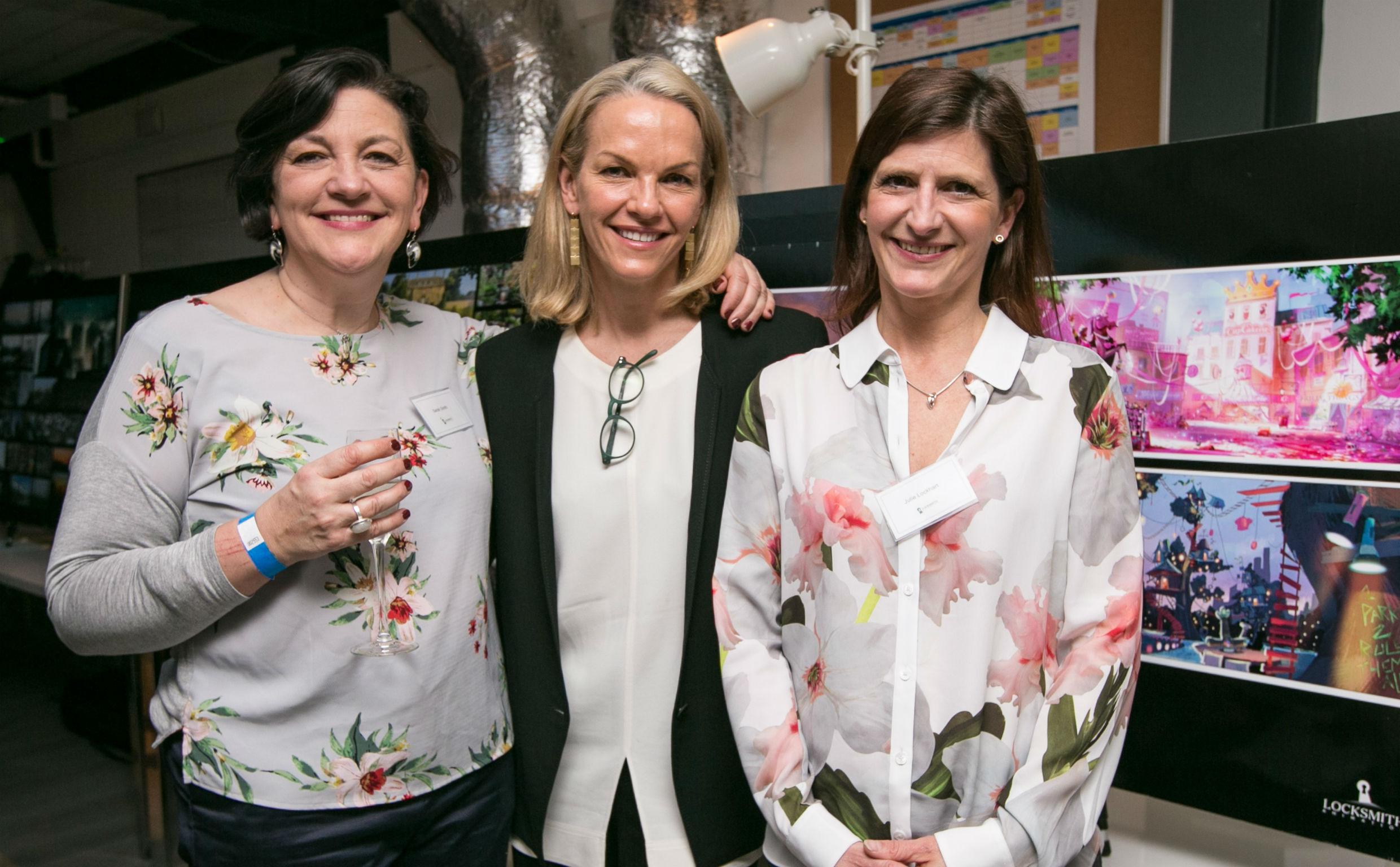 Ex-Aardman colleagues Sarah Smith and Julie Lockhart, with media mogul Elisabeth Murdoch, centre