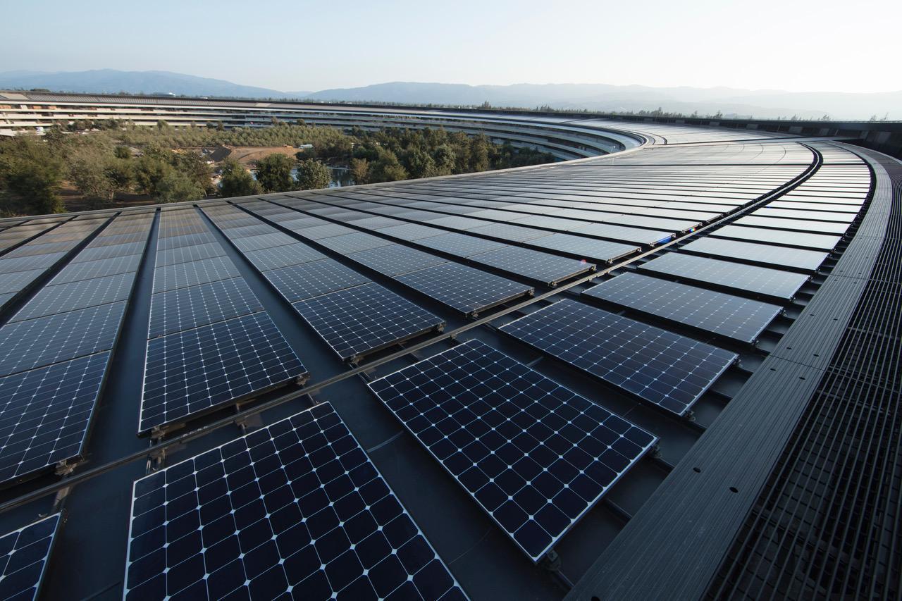 The 17-megawatt solar panel installation on top of the brand new Apple Park, which ensures that the company's new campus is powered entirely with renewables