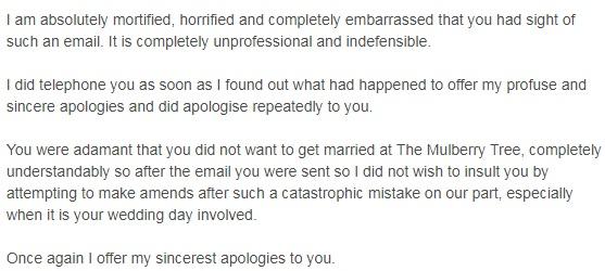 The response the owner of the restaurant gave following the offensive email