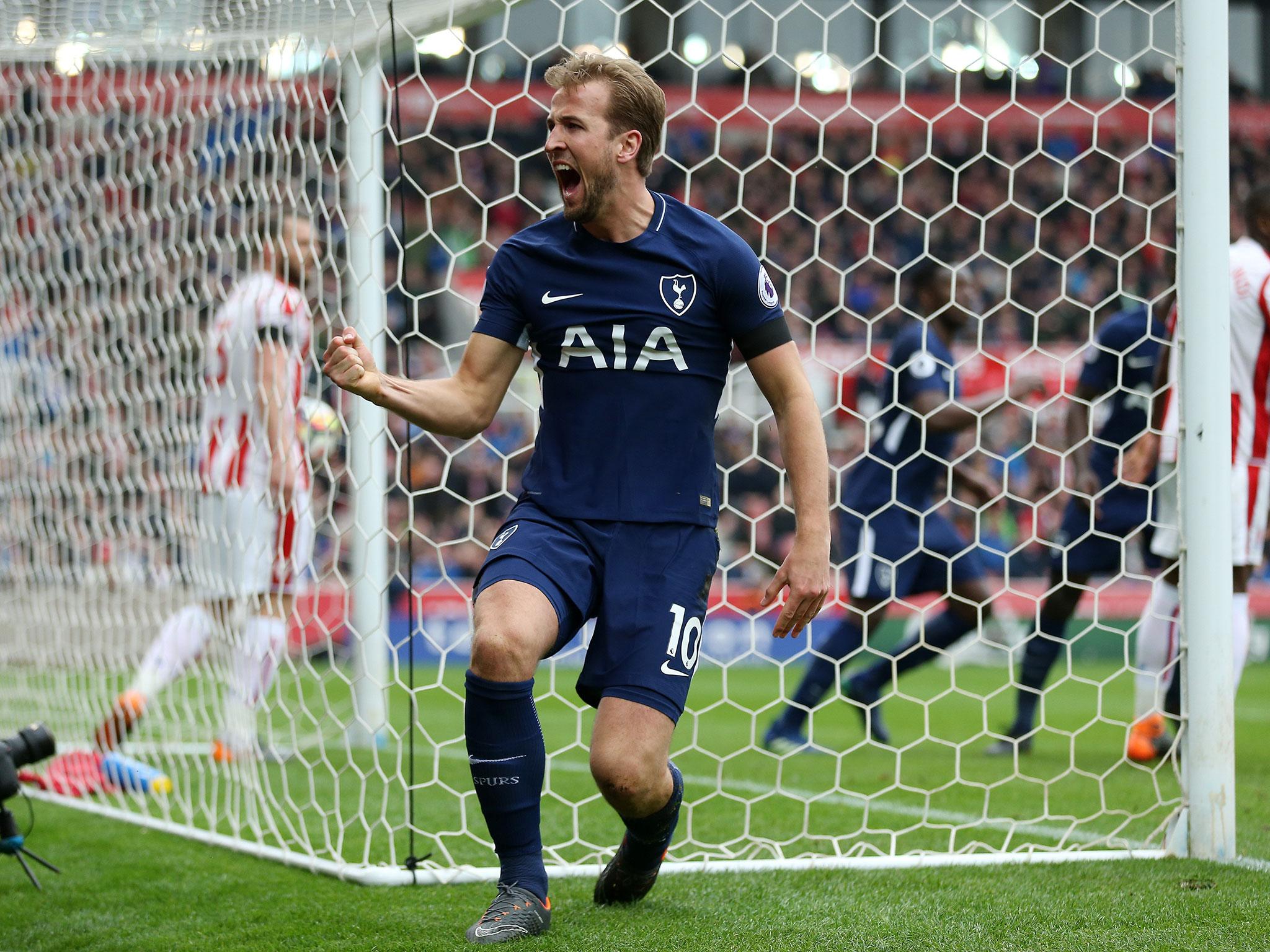 Harry Kane celebrates scoring against Stoke at the weekend