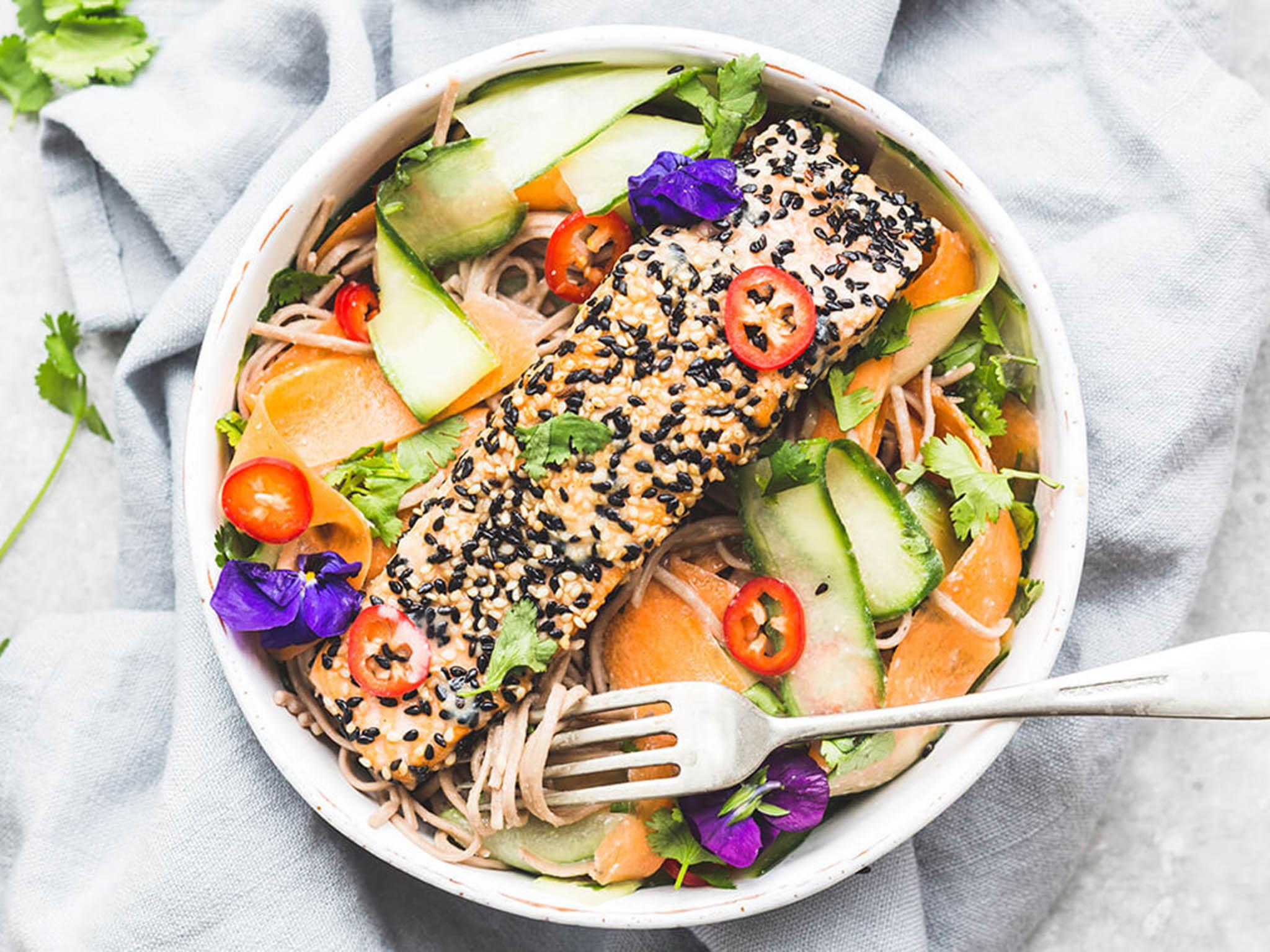 Sesame crusted salmon and buckwheat noodles, recipe from Mindful chef