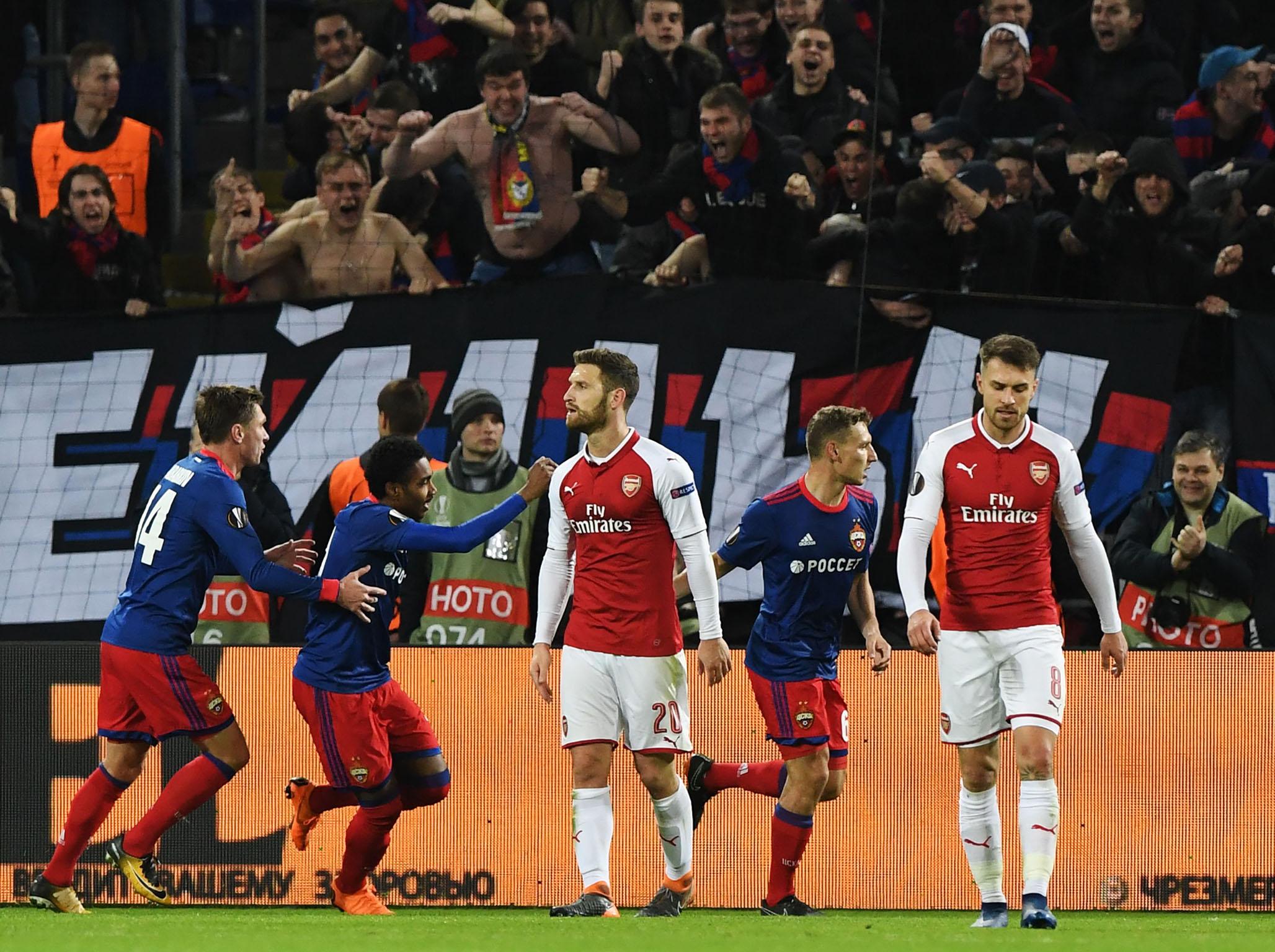 Fedor Chalov, second right, celebrates his goal