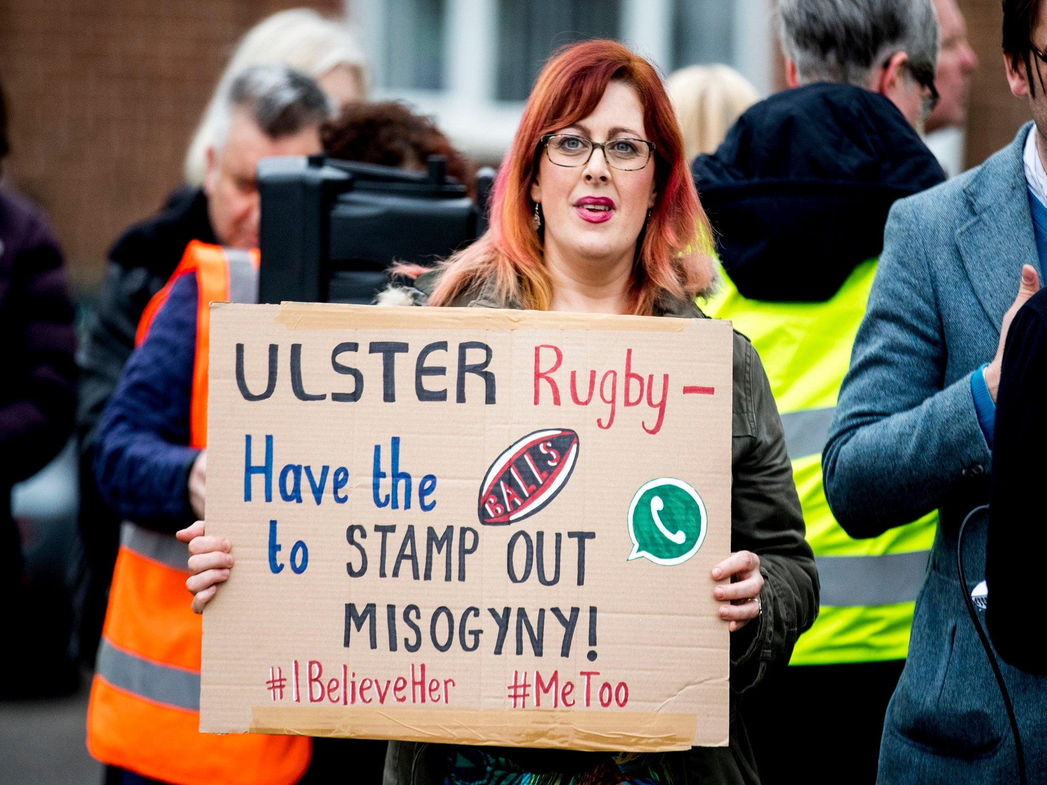 Belfast Feminist Network holds a protest outside the Kingspan Stadium in east Belfast to call on Ulster Rugby and IRFU for action against what they claim is a misogynistic culture within rugby