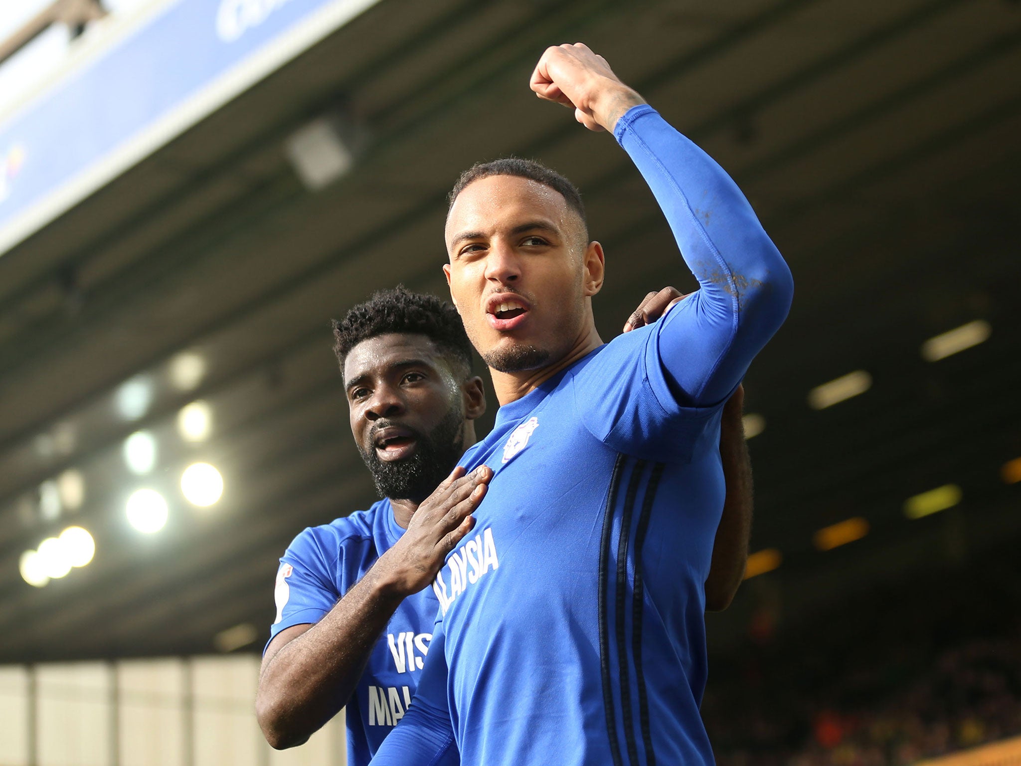 Kenneth Zohore celebrates scoring for Cardiff