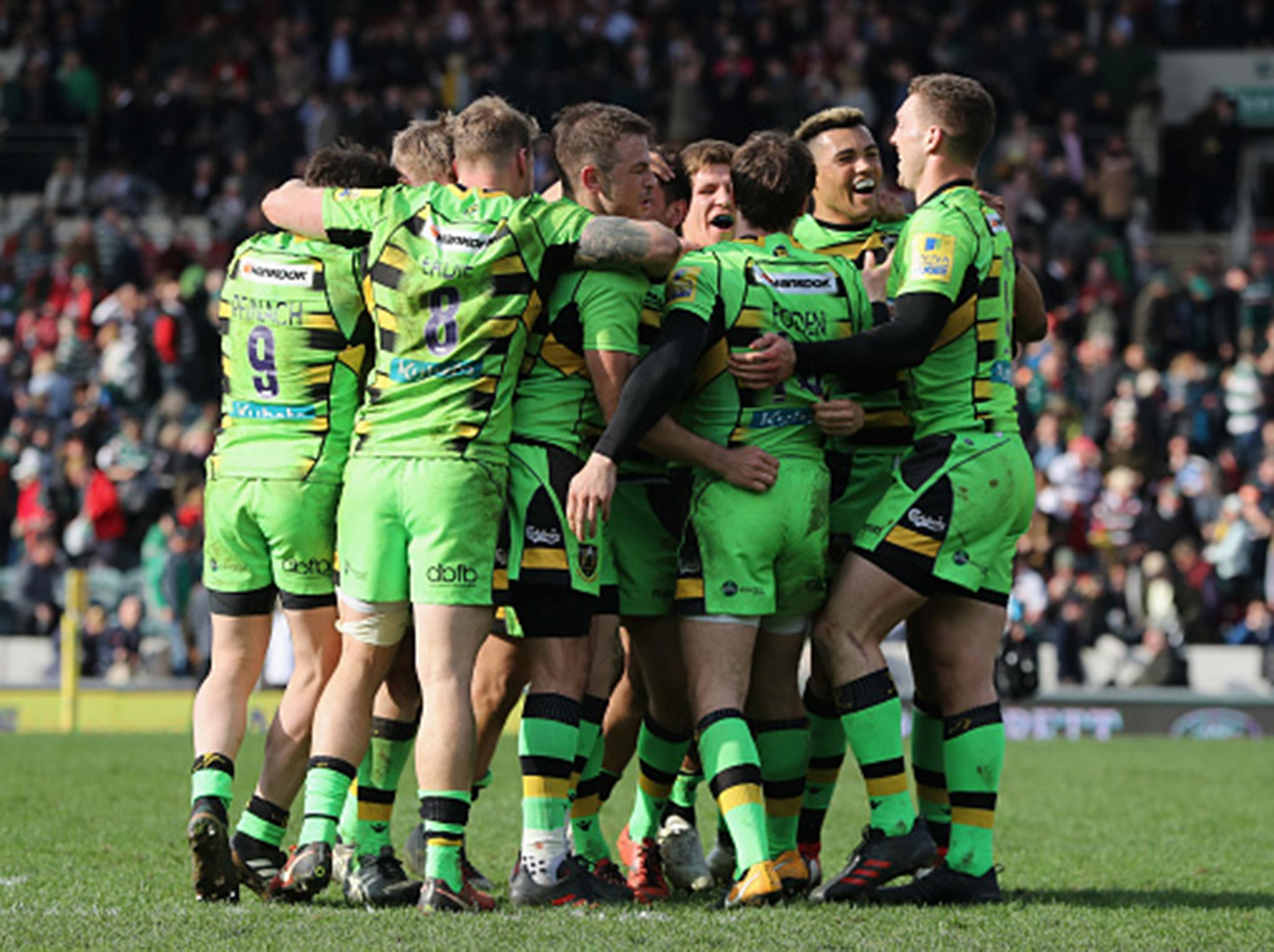 Northampton Saints celebrate their surprise victory over Leicester