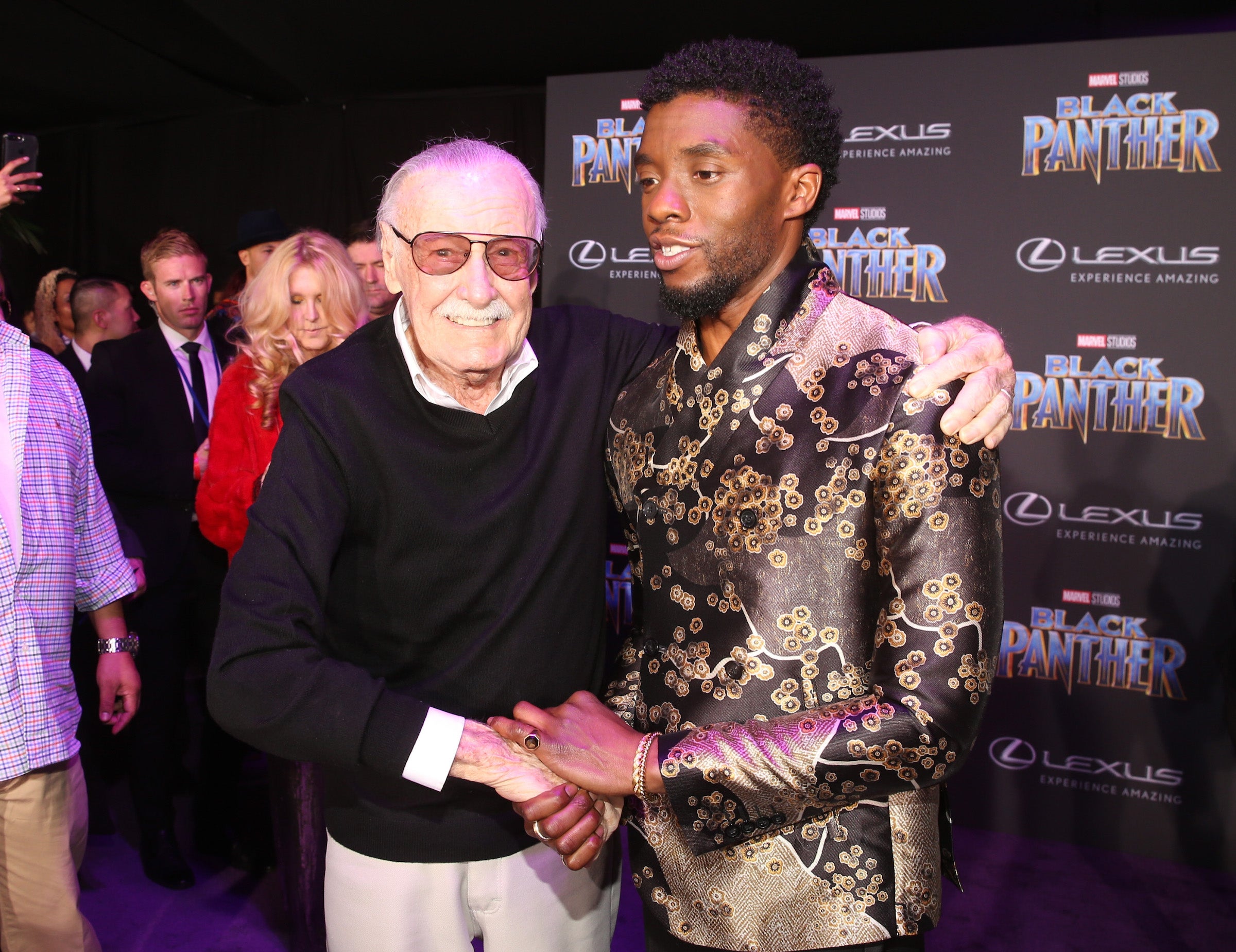 Lee and actor Chadwick Boseman at the LA world premiere of ‘Black Panther’ in January