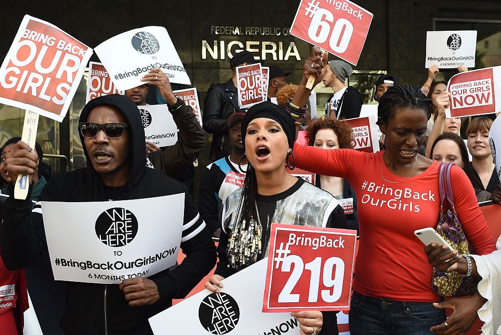 Global coverage: singer-songwriter Alicia Keys joins the ‘Bring Back Our Girls’ campaign at a demonstration outside the Nigerian consulate in New York