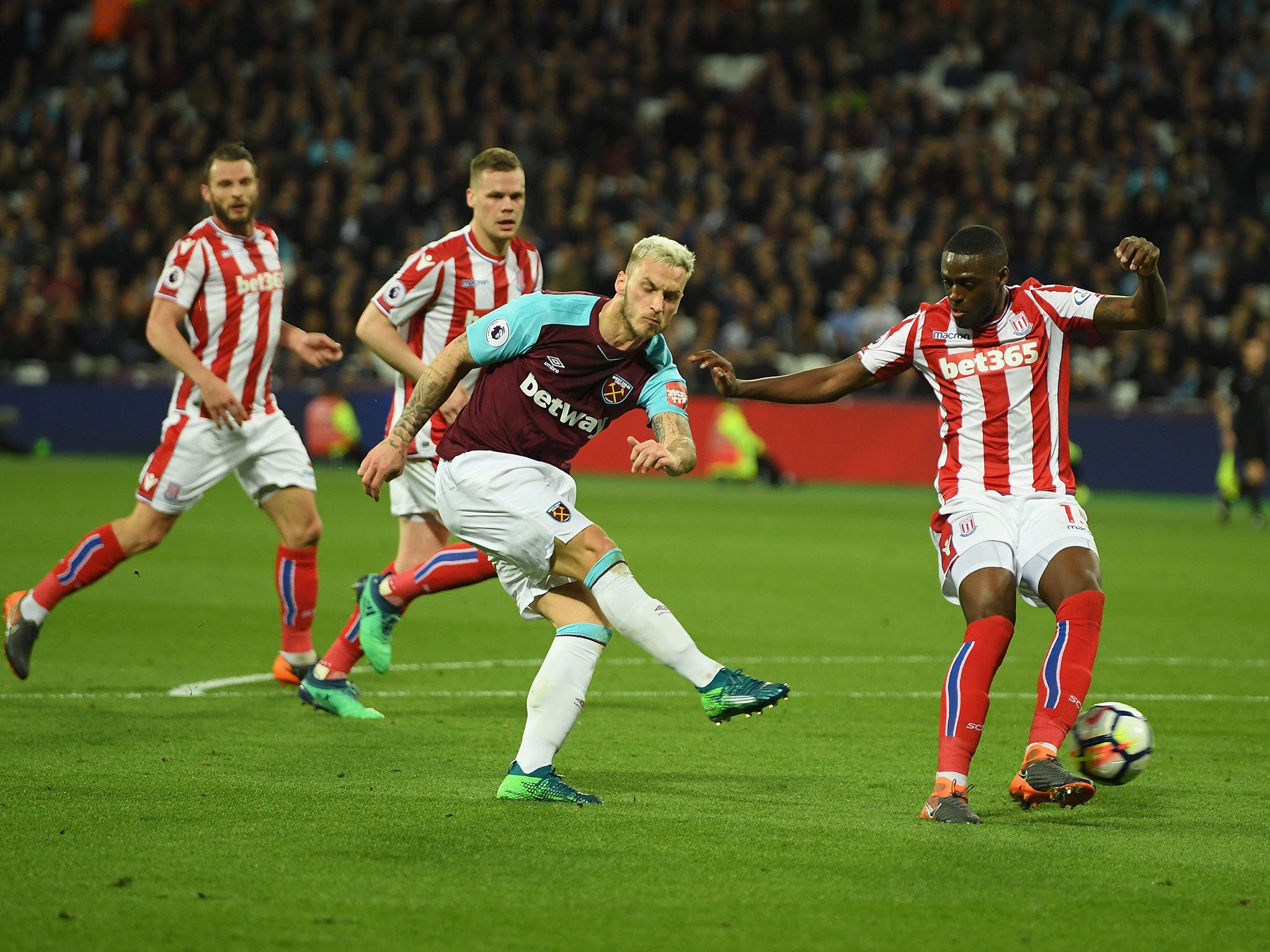 Marko Arnautovic takes a shot on goal for West Ham