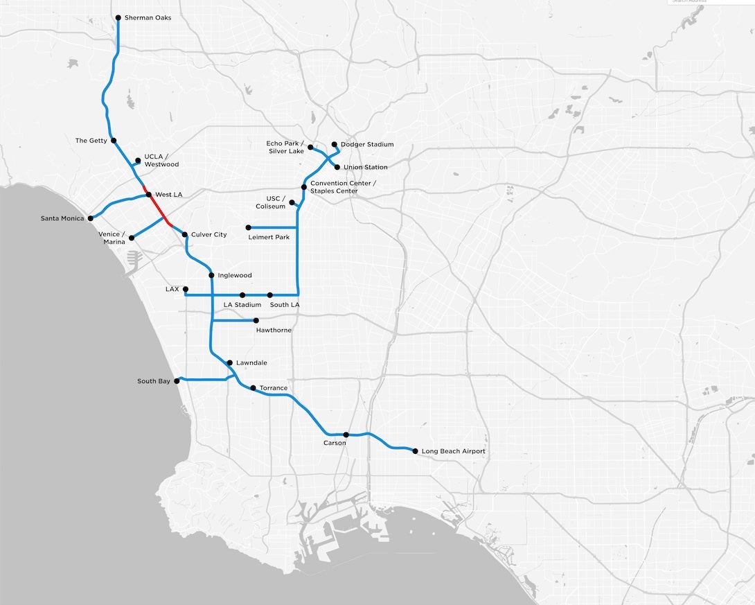 A map displaying proposed routes for the first tunnel network under Los Angeles built by The Boring Company.