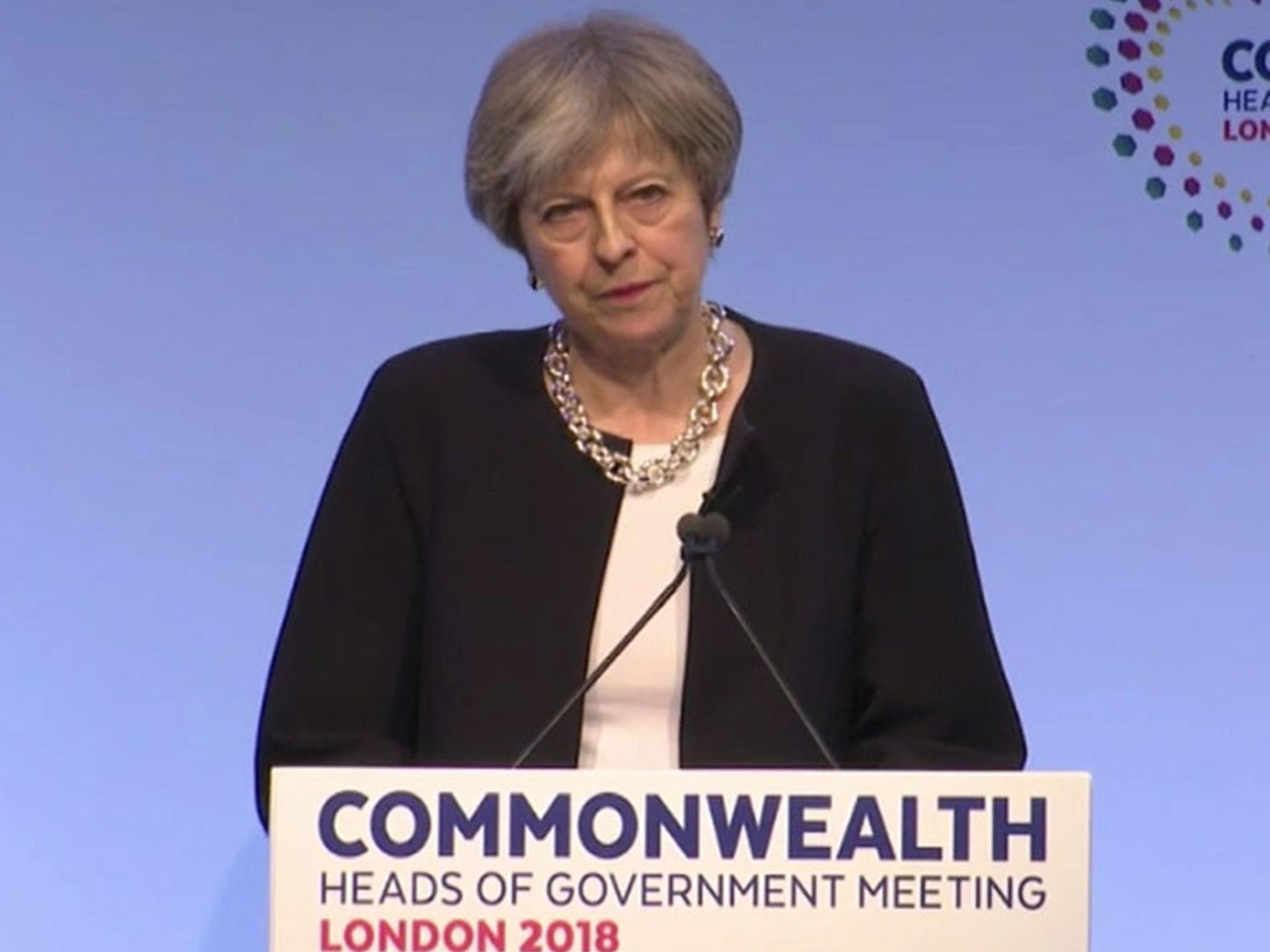 Theresa May speaks at the Commonwealth Heads of Government meeting conference